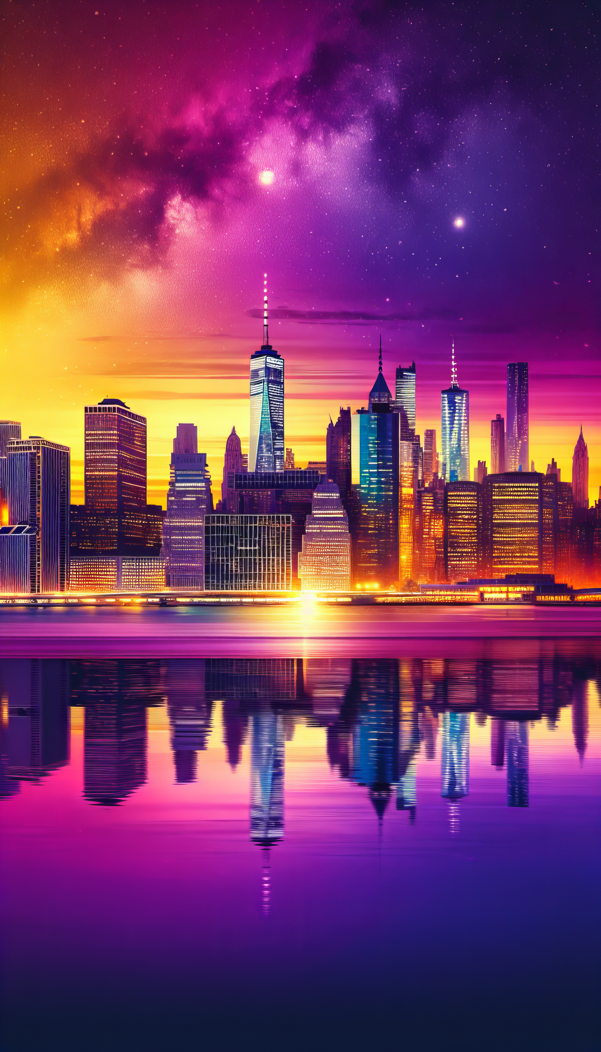 Vibrant New York City skyline wallpaper with purple and orange sunset reflections for phone background.
