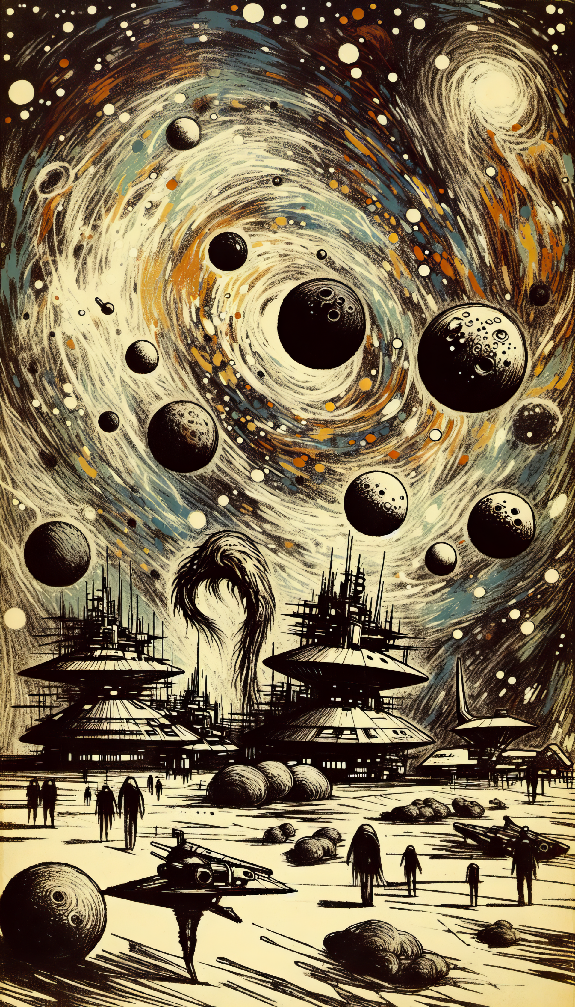 Science fiction themed phone wallpaper featuring an artistic cosmic scene with swirling galaxies, various planets, and futuristic spaceships.