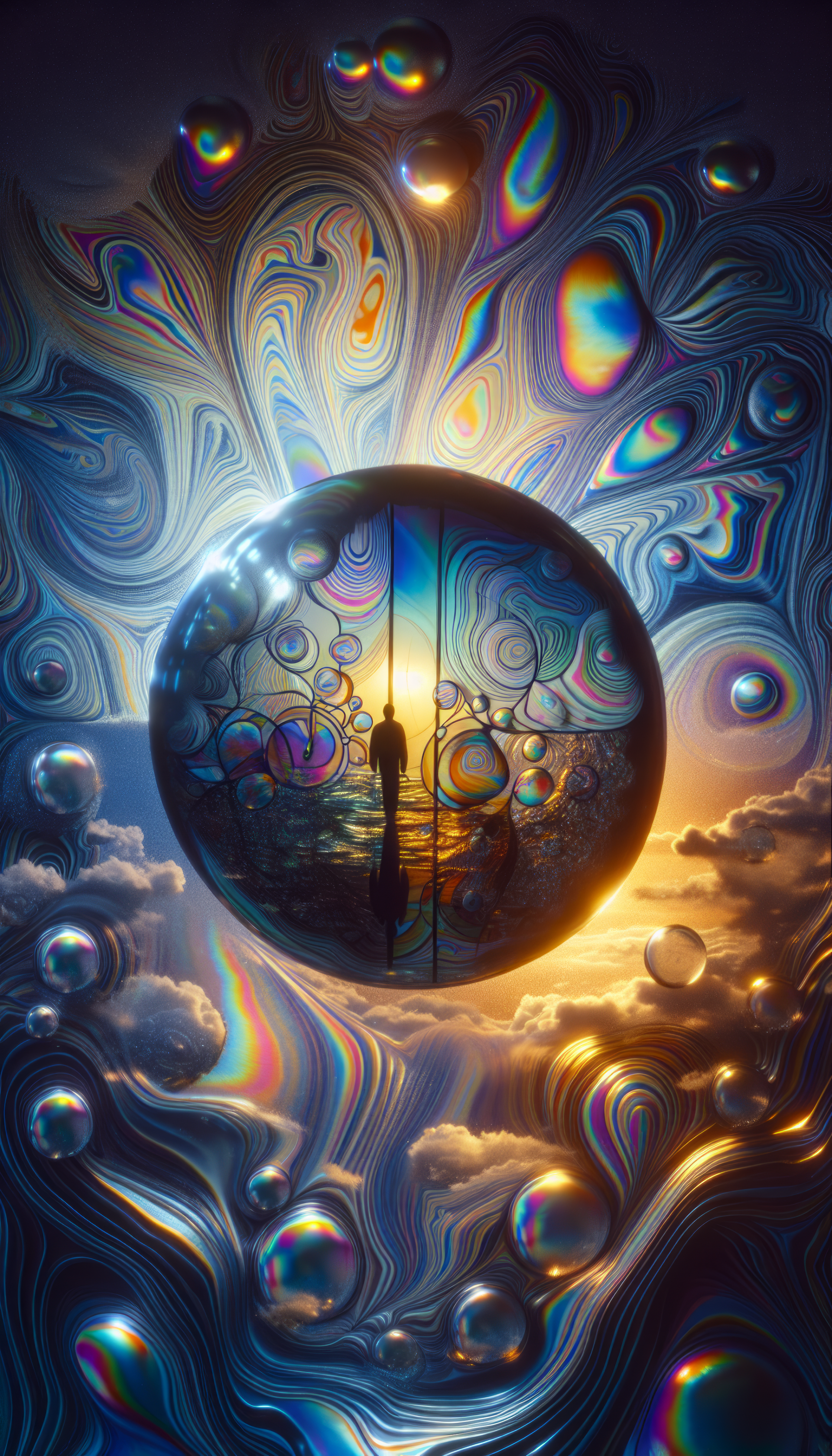 Abstract mental health-themed phone wallpaper depicting a figure standing at a gate within a surreal, bubble-filled landscape.