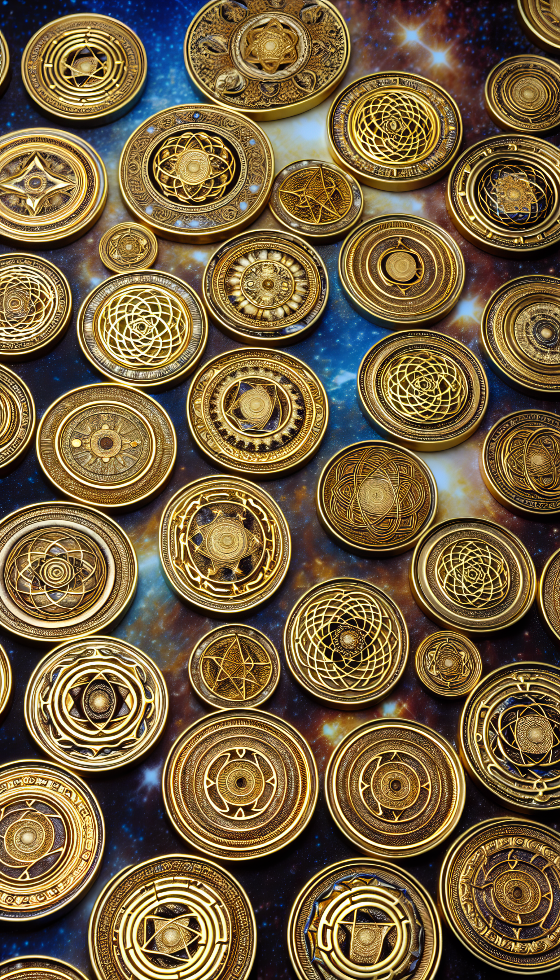 Aesthetic phone wallpaper featuring a collection of ornate gold coins scattered across a starry cosmic background.