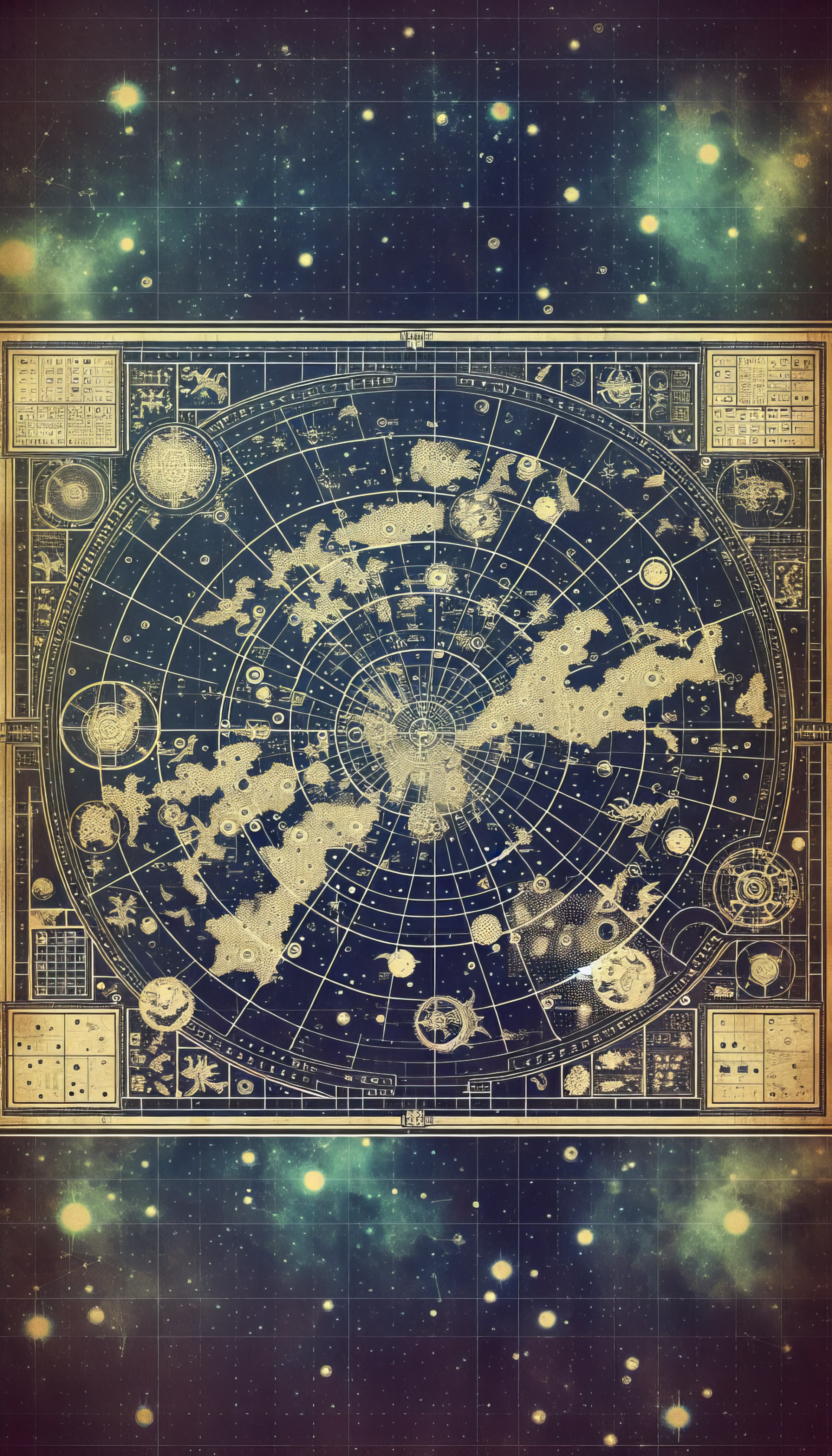 A beautifully designed star map serves as a phone wallpaper, featuring intricate celestial details against a cosmic backdrop of blues and golds, evoking a sense of wonder and exploration.