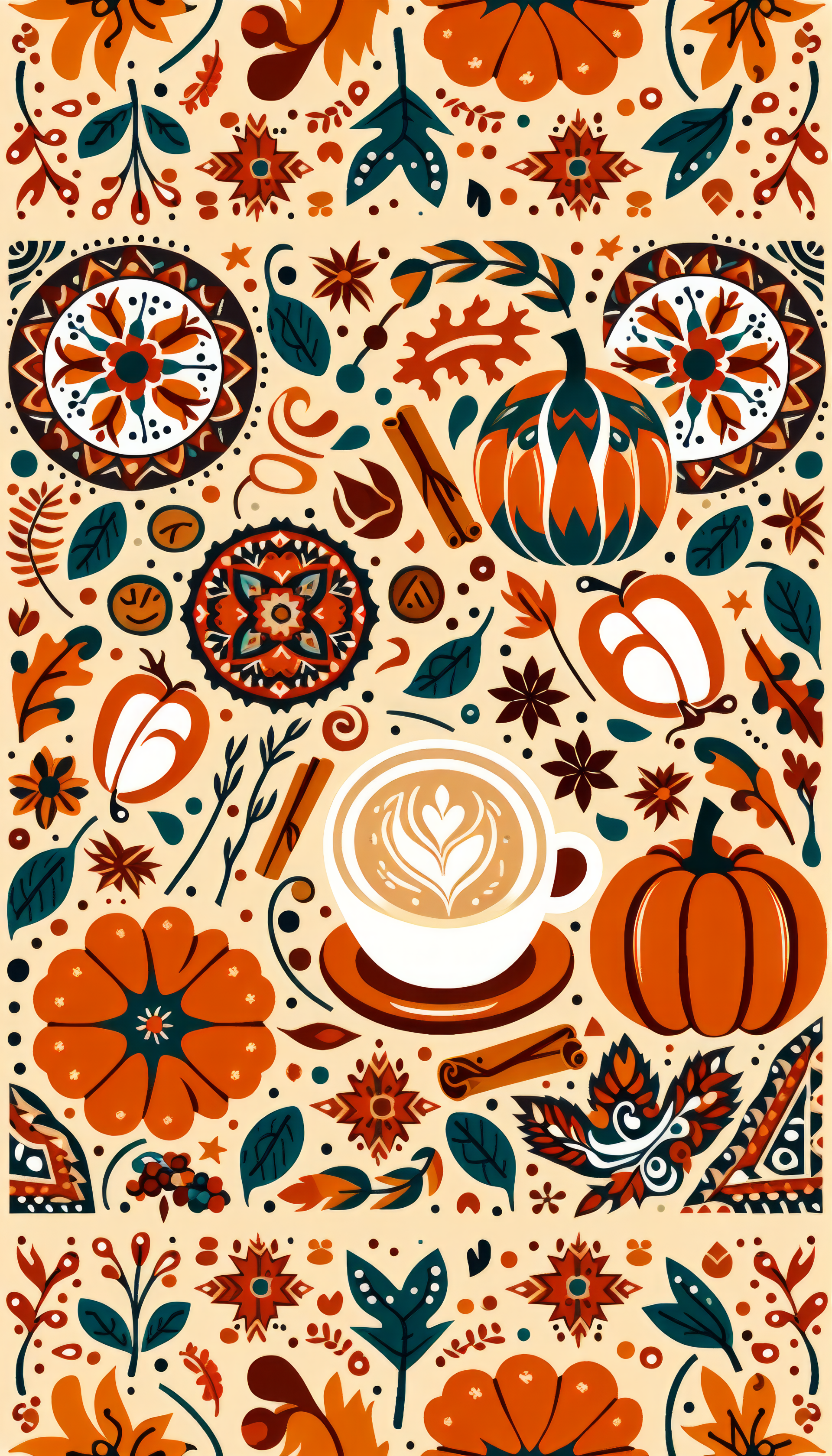 Pumpkin spice themed phone wallpaper featuring autumn motifs with pumpkins, leaves, and a cup of coffee.