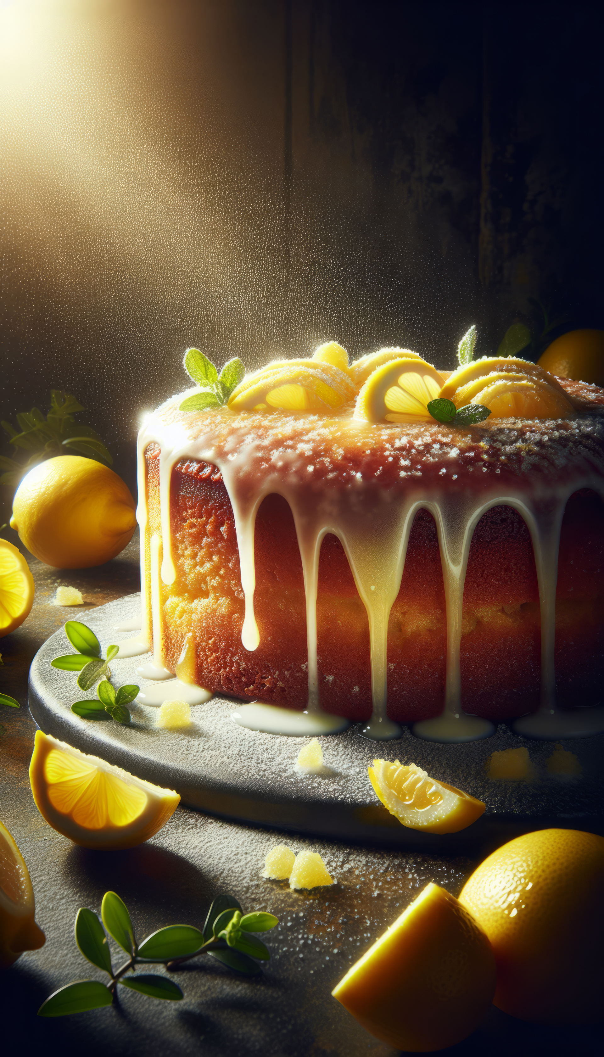 A beautifully styled lemon drizzle cake drizzled with icing, surrounded by fresh lemons and greenery, making an inviting phone wallpaper.