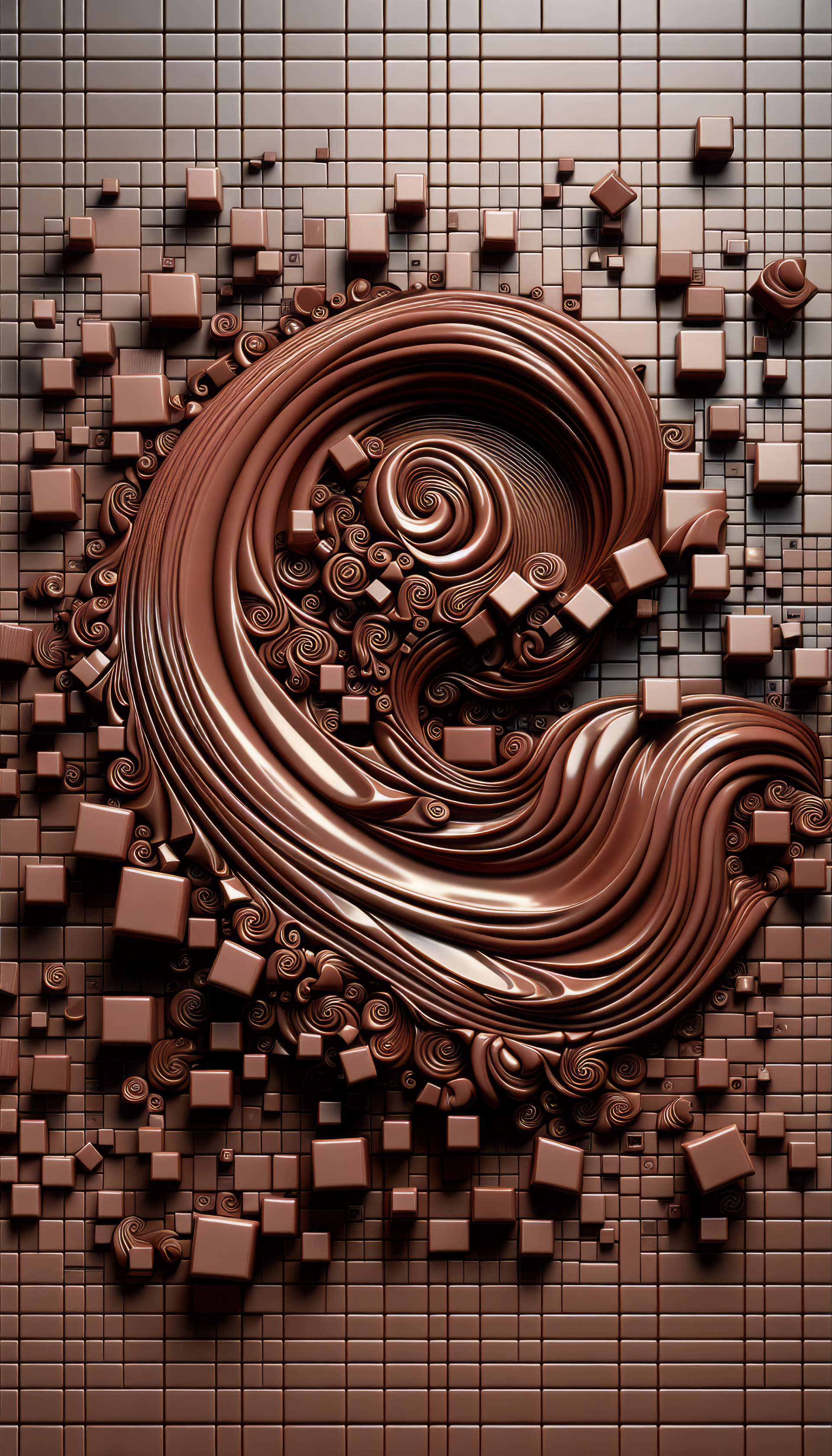 Abstract chocolate swirl design on a geometric background as phone wallpaper.