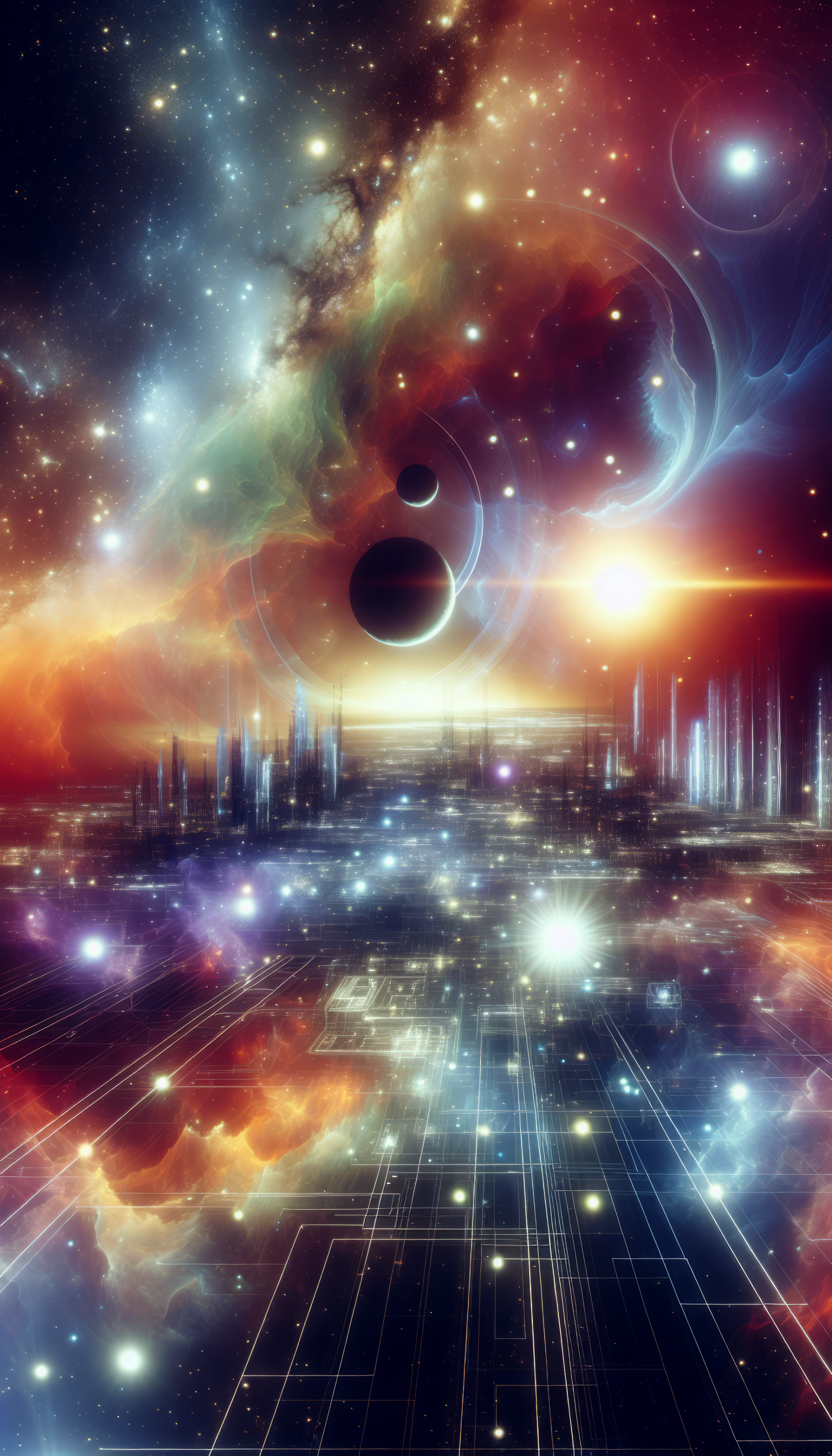 Sci-fi themed phone wallpaper featuring a futuristic cityscape with celestial bodies and a vibrant cosmic sky.