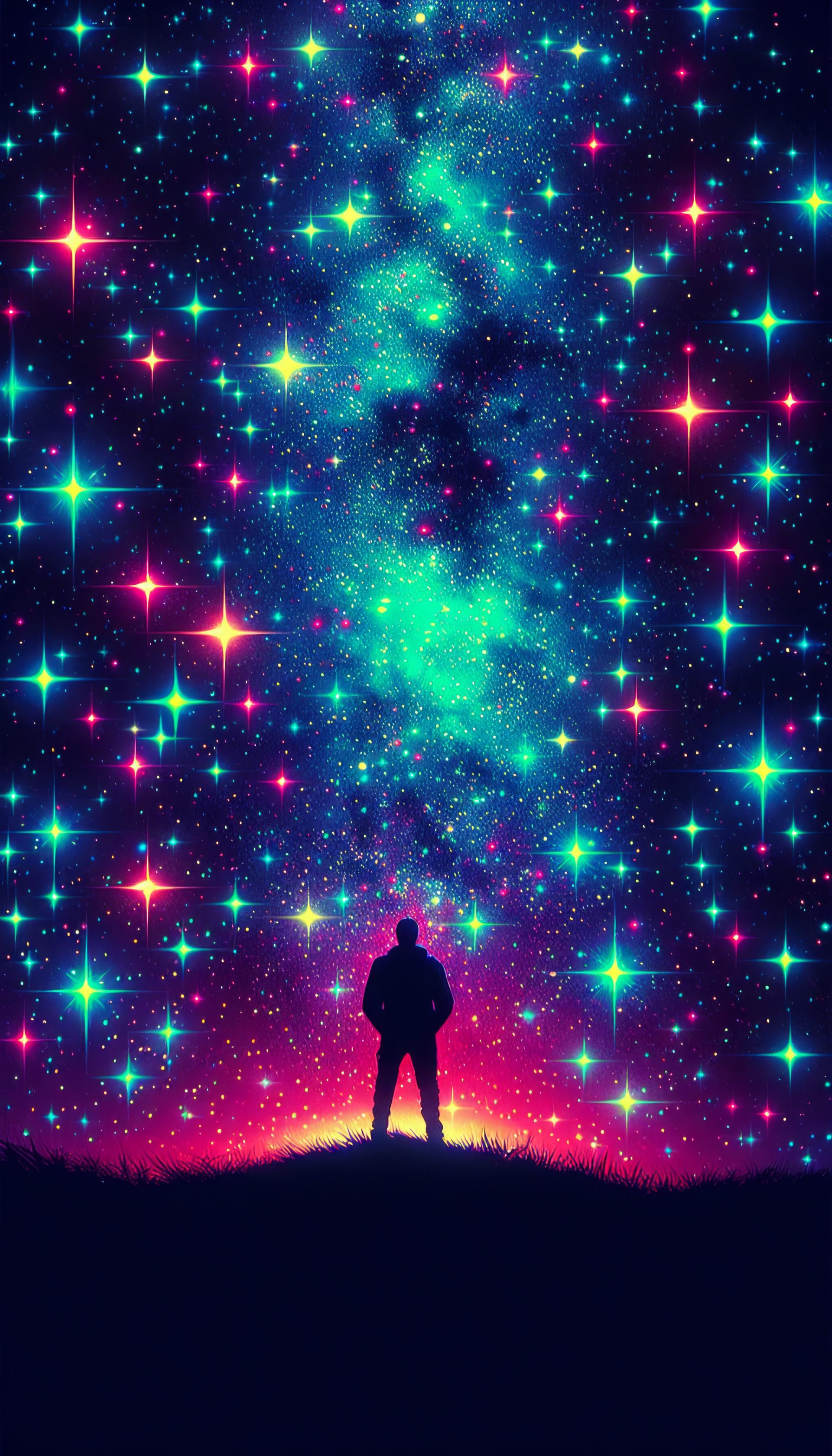 Phone wallpaper with a silhouette of a person star gazing at a twinkling galaxy in vibrant colors