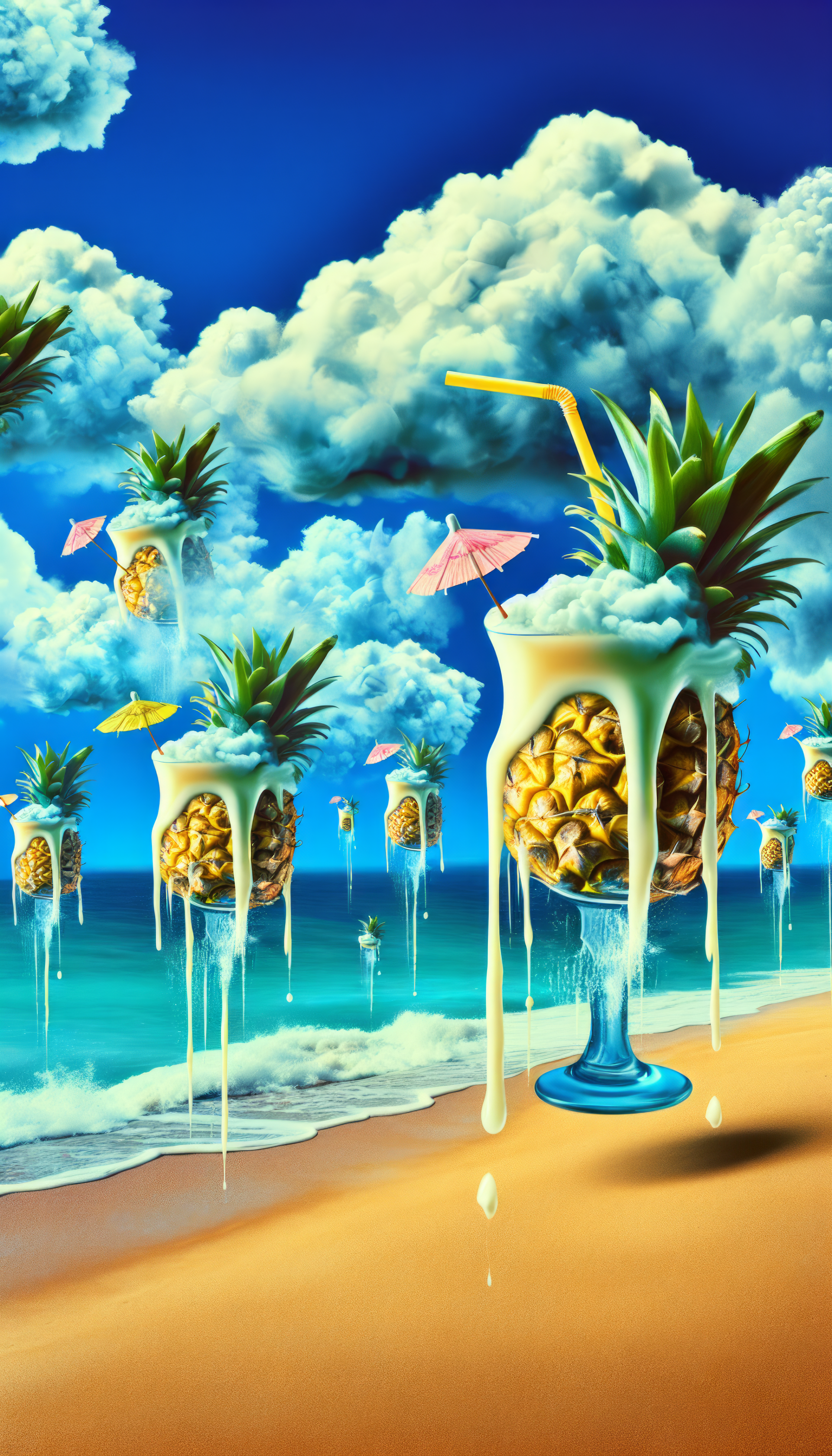 Tropical Pina Colada phone wallpaper featuring artistic depiction of cocktail on a beach with surreal pineapple elements.