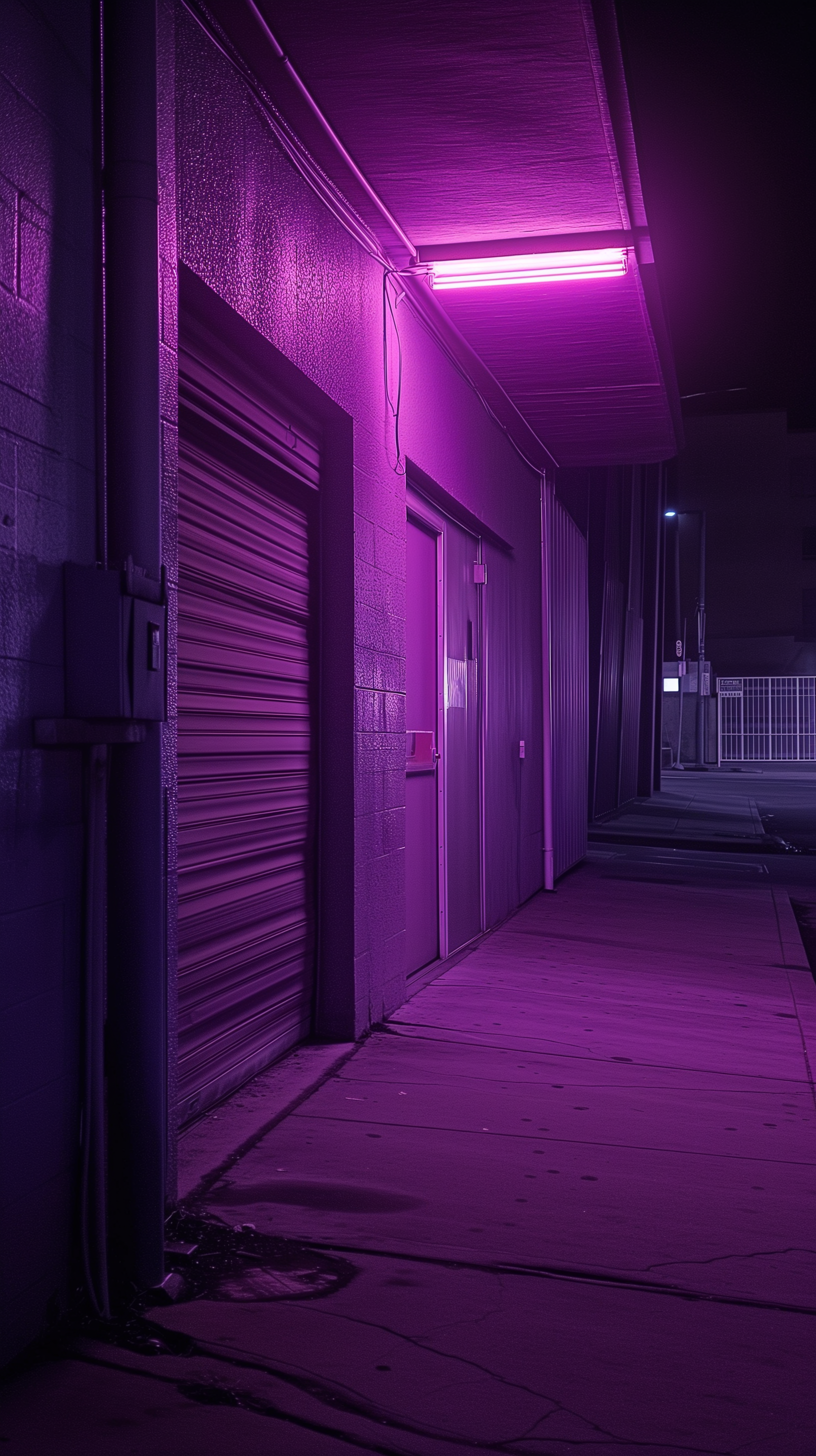 A moody night scene of a building illuminated by vibrant purple lights, featuring a sidewalk leading into a shadowy alley. This striking image makes a stylish phone wallpaper.