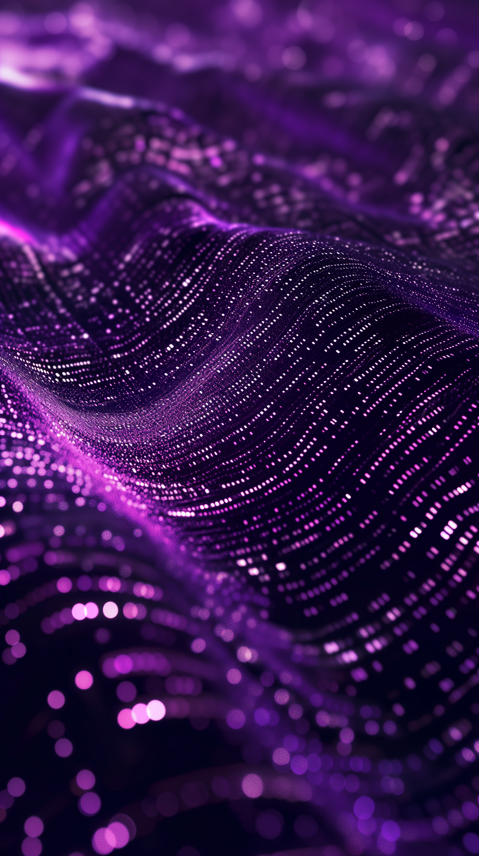 Abstract purple waves phone wallpaper with digital glitter effect.