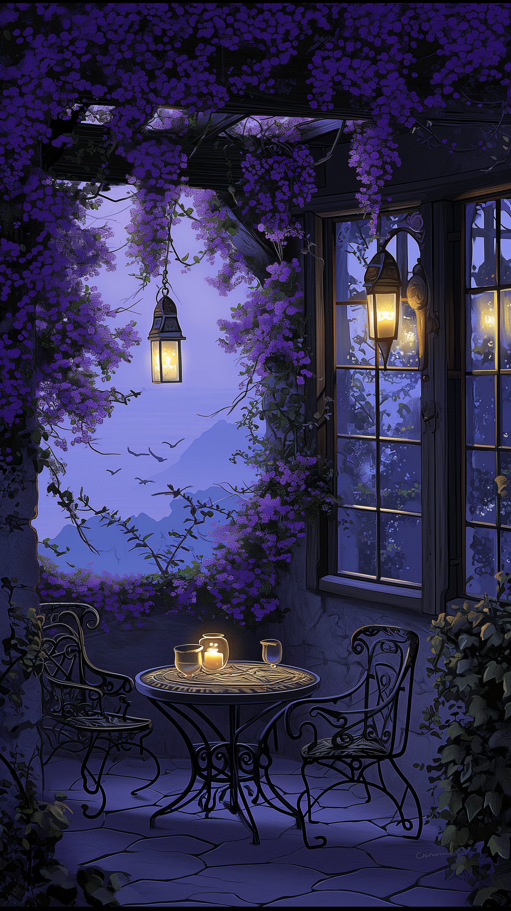 Phone wallpaper of a cozy evening patio scene with purple wisteria, a lit lantern, and a table set for two under a starry sky.