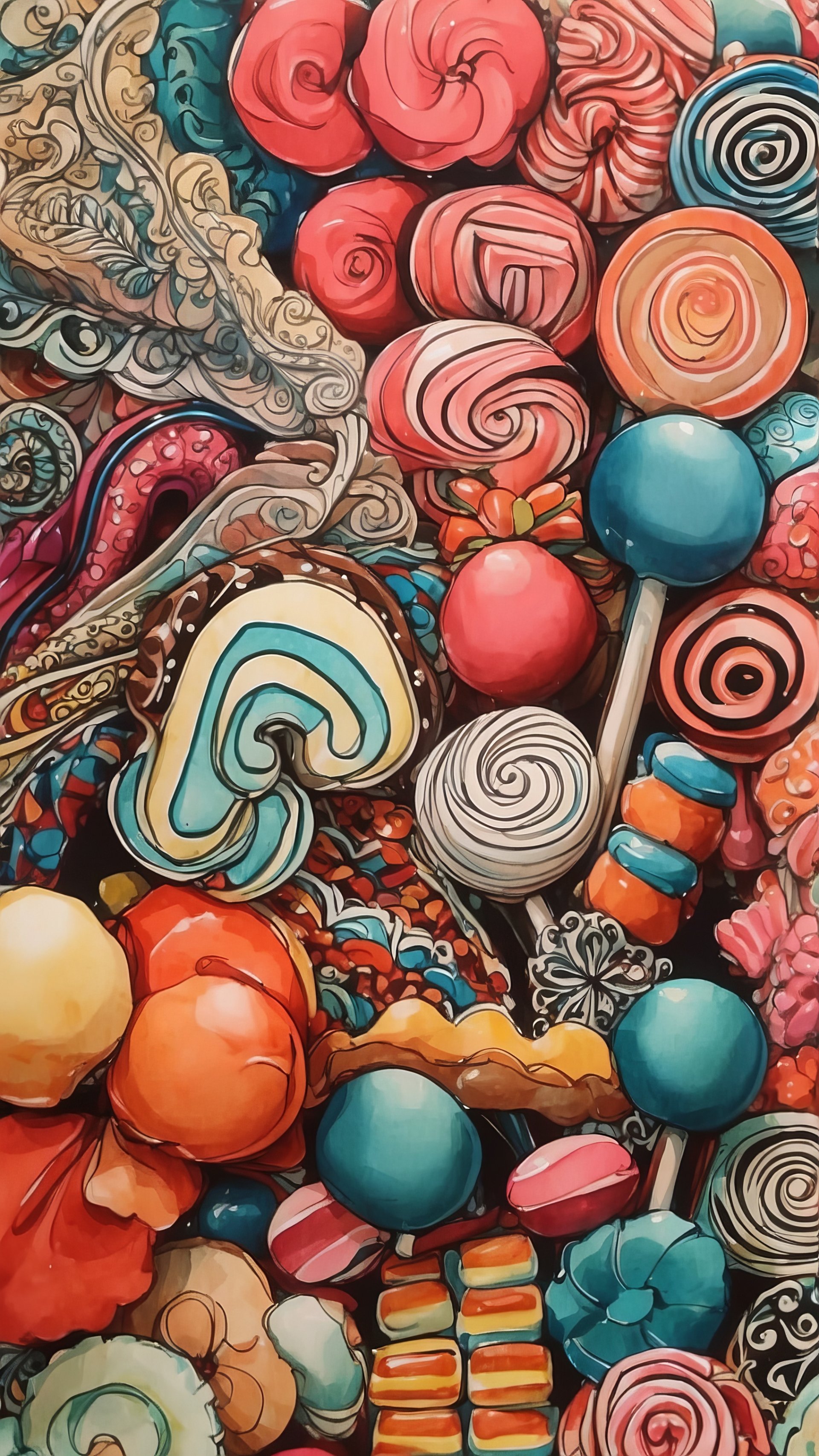 Colorful candy-themed phone wallpaper with vibrant sweets illustration.