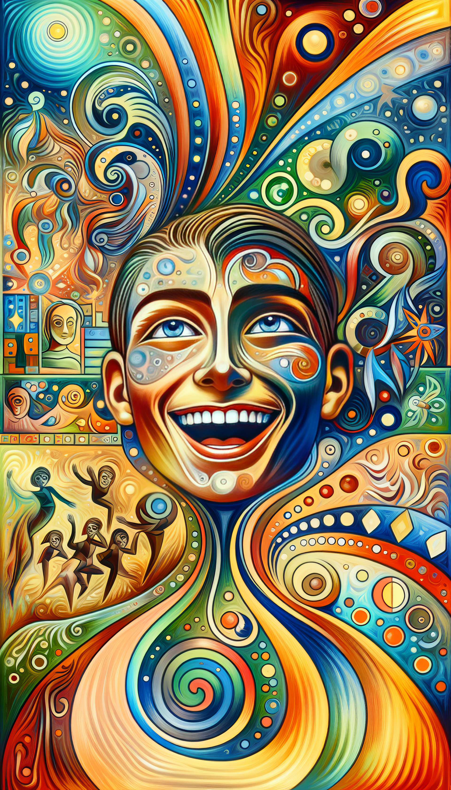 Colorful abstract art phone wallpaper featuring a joyful face with swirling patterns and vibrant colors