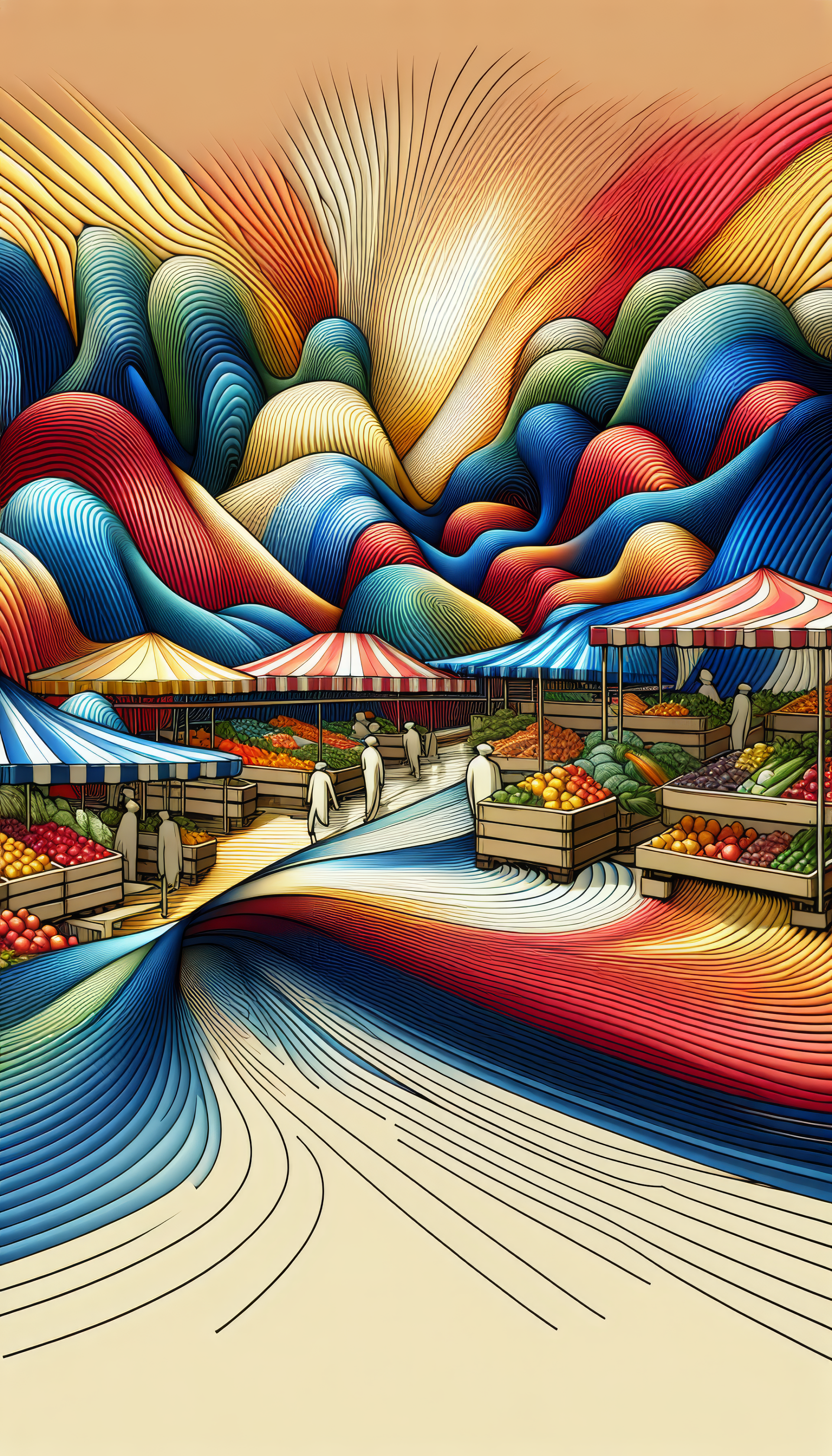 Colorful abstract illustration of a farmers market for phone wallpaper with wavy patterns and vibrant hues.