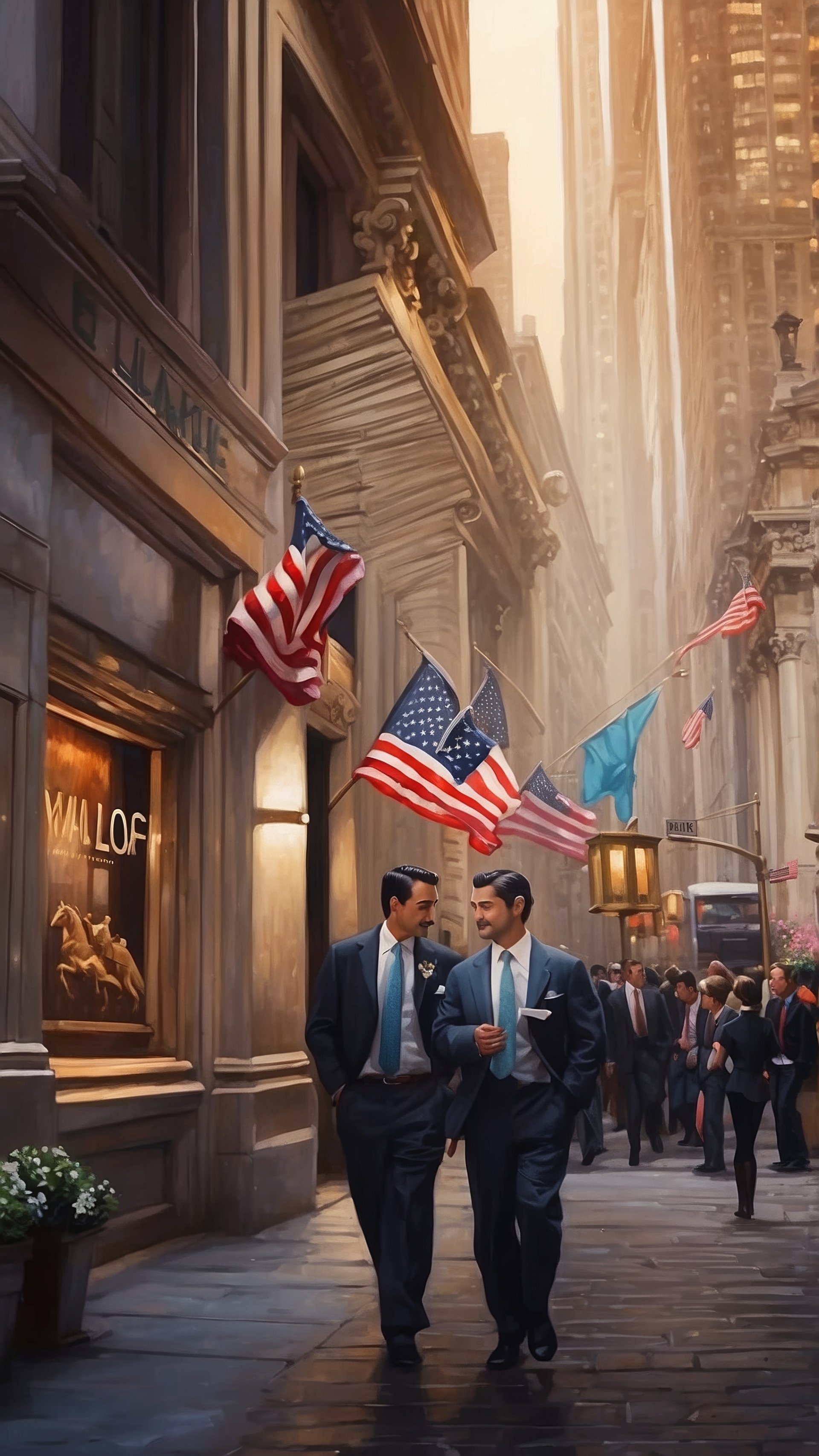 Wall Street themed phone wallpaper featuring businessmen walking, American flags, and towering buildings.