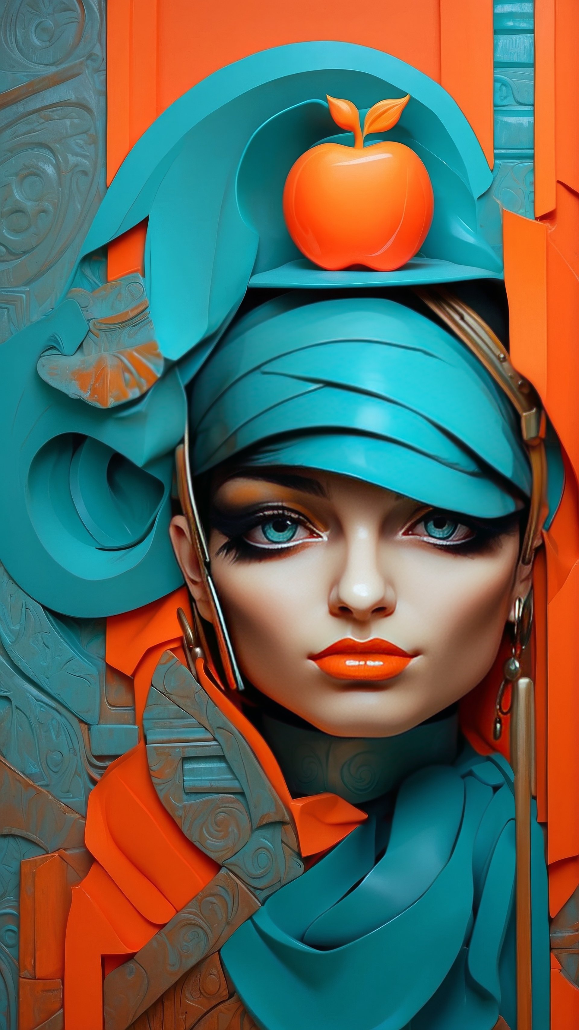 3D artistic female portrait with turquoise headscarf and apple for phone wallpaper.