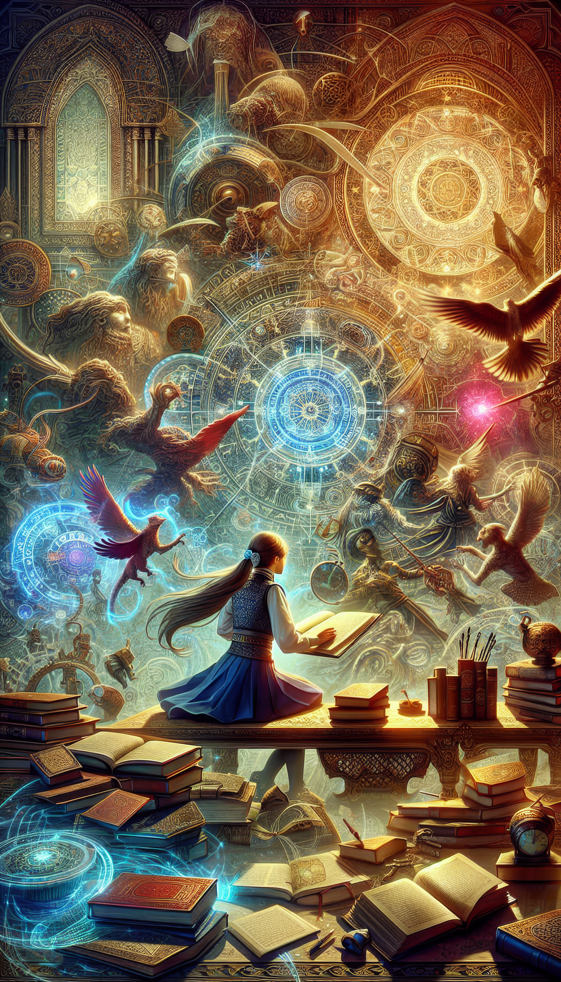 Phone wallpaper featuring an artistic interpretation of a student surrounded by books, ethereal birds, and mystical gears with celestial motifs.