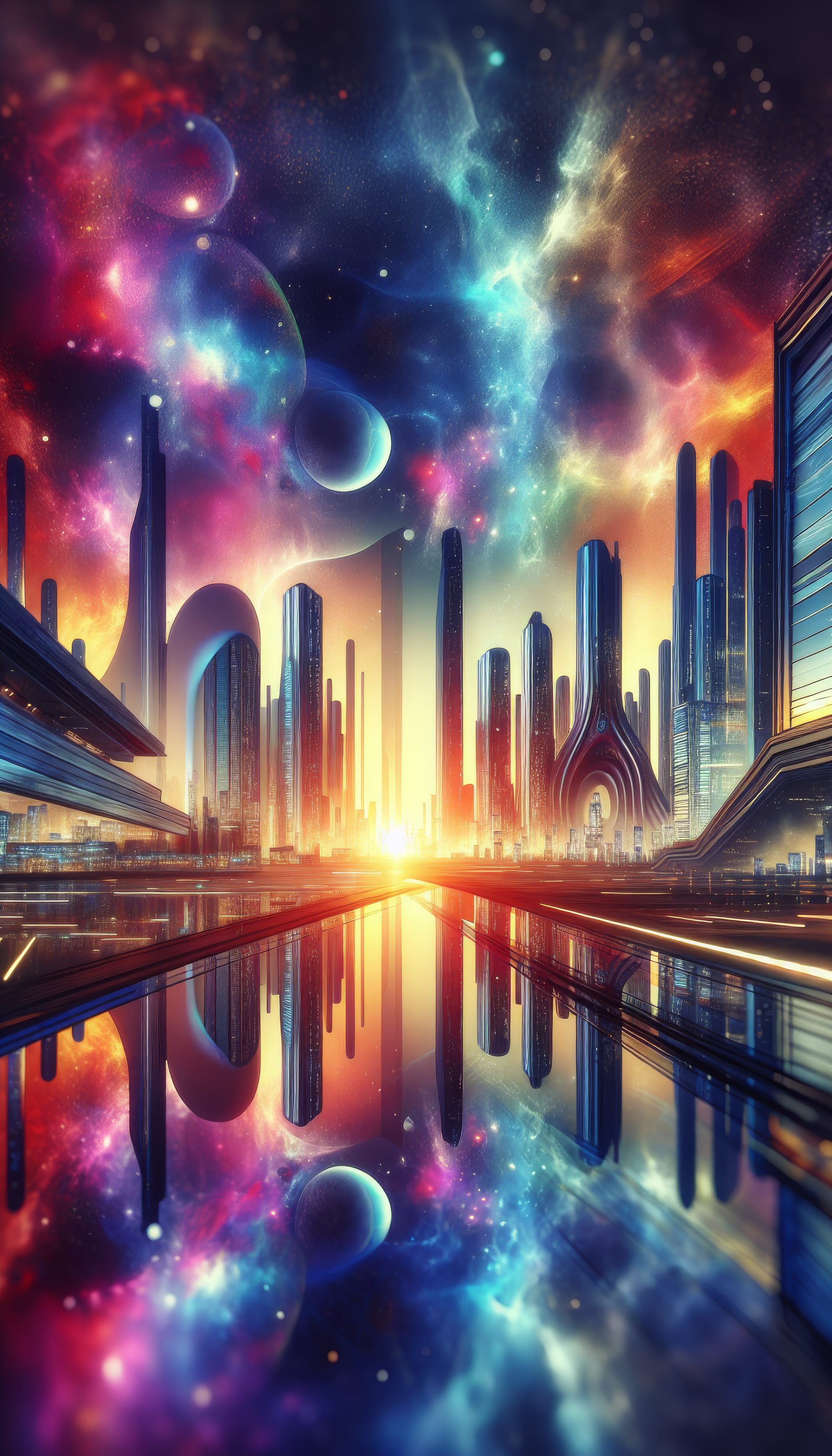 Sci-fi cityscape phone wallpaper with futuristic buildings and cosmic sky.