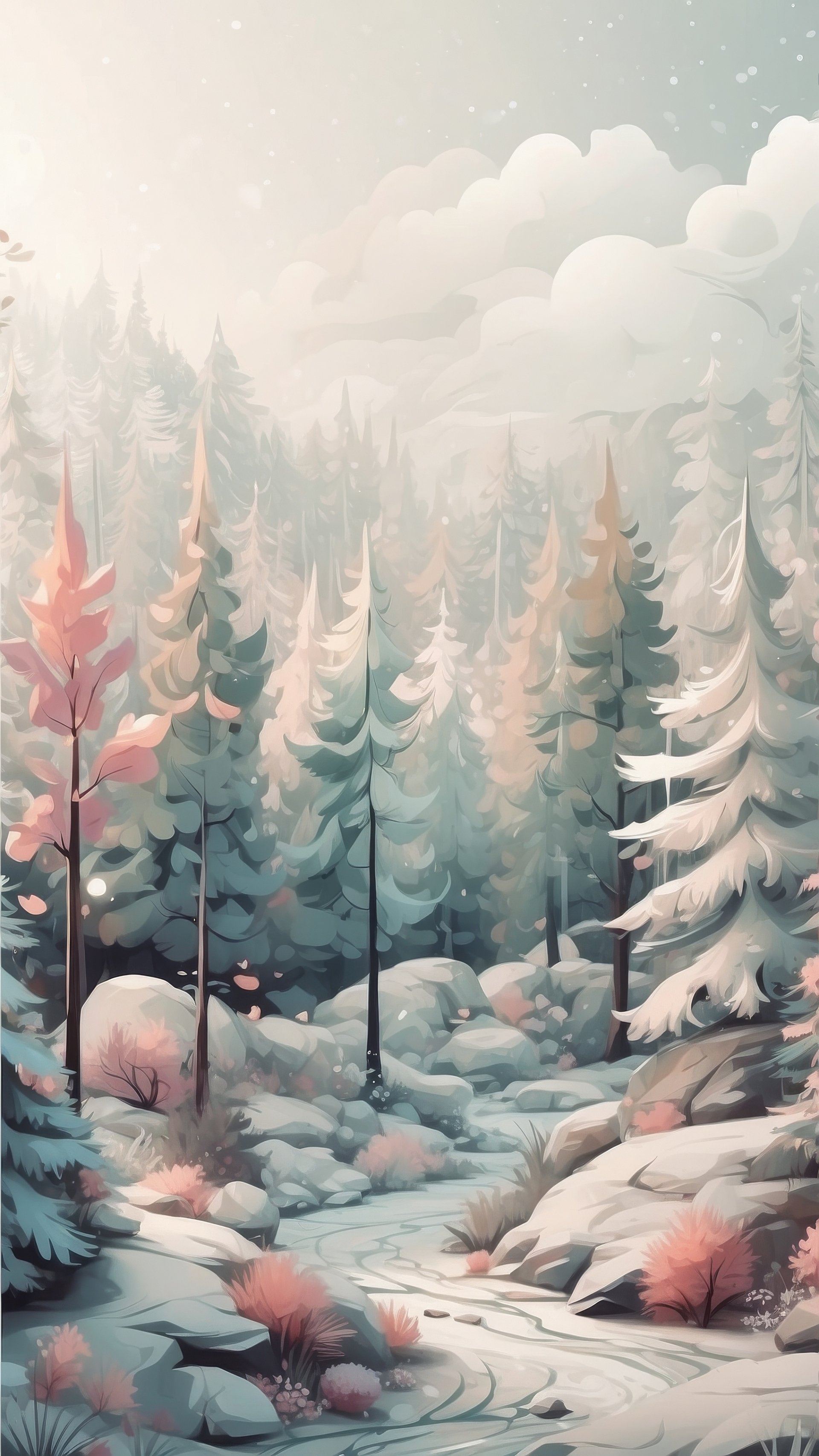 Phone wallpaper depicting a serene snowy forest landscape in winter, with tall trees dusted in snow under a cloudy sky, designed for iPhone and Android displays.