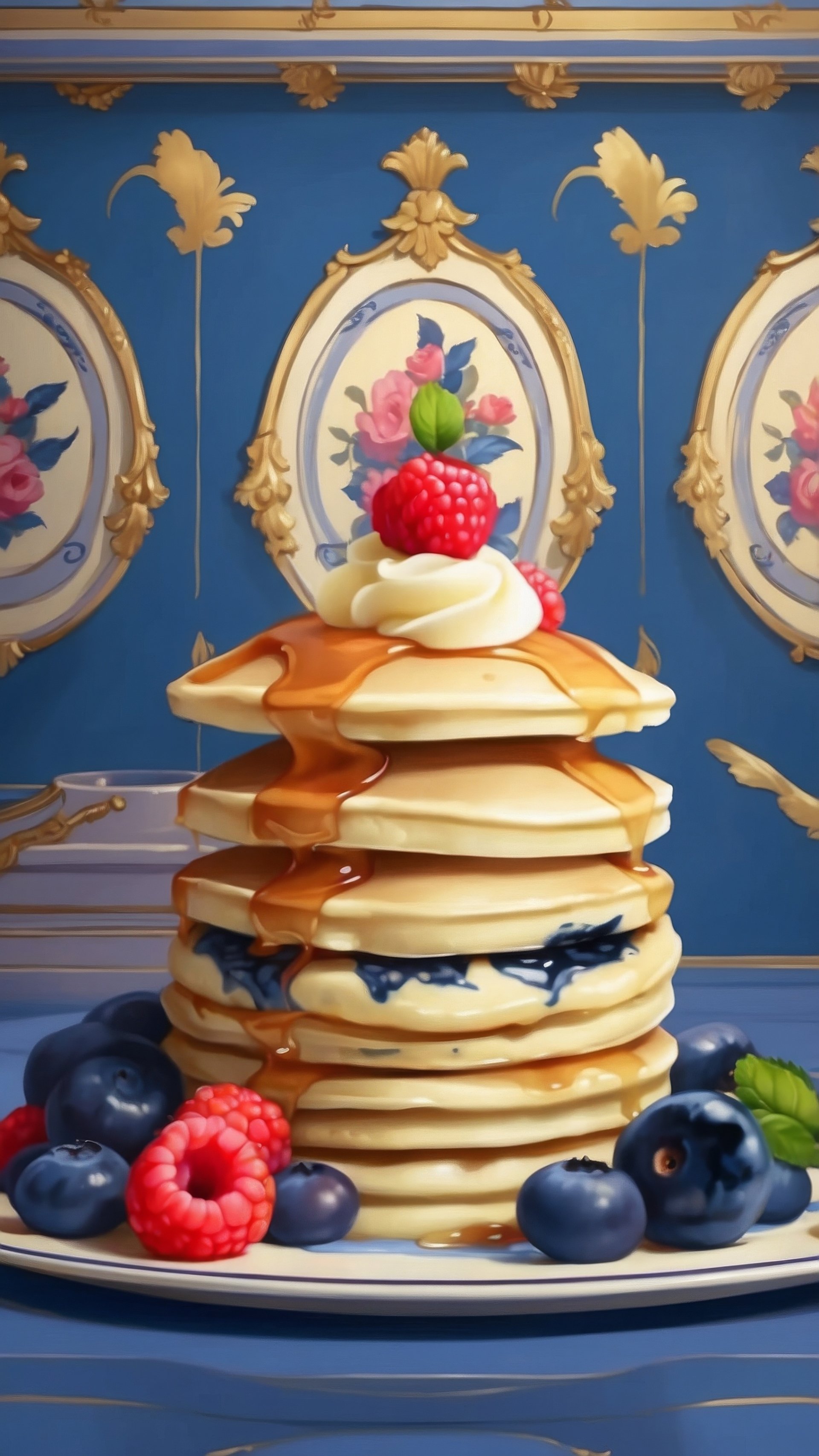 Delicious blueberry pancake stack phone wallpaper with syrup and fresh berries on an elegant background.