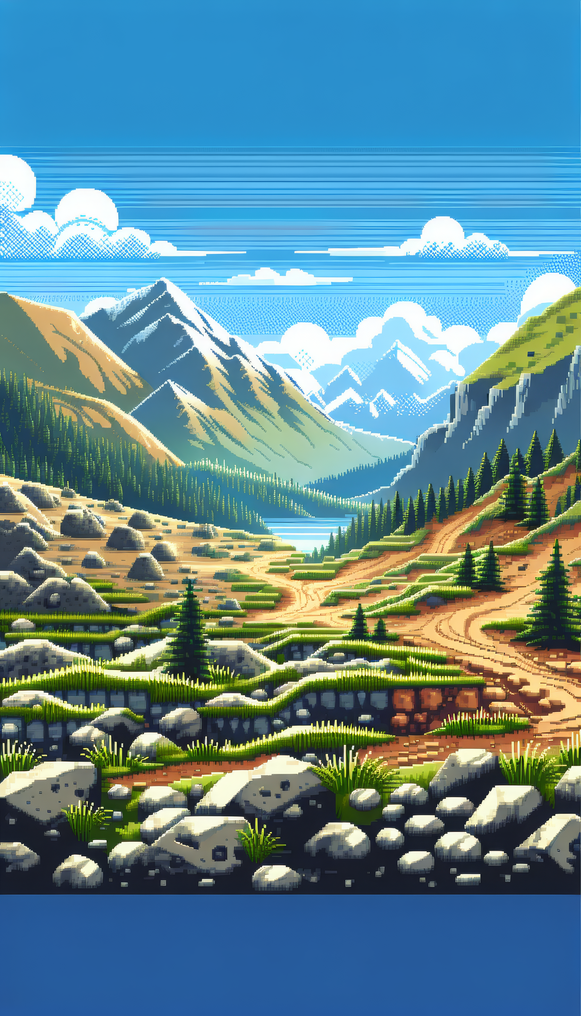Pixel art off-road mountain landscape phone wallpaper featuring a winding dirt track, fir trees, and a serene lake in the valley.