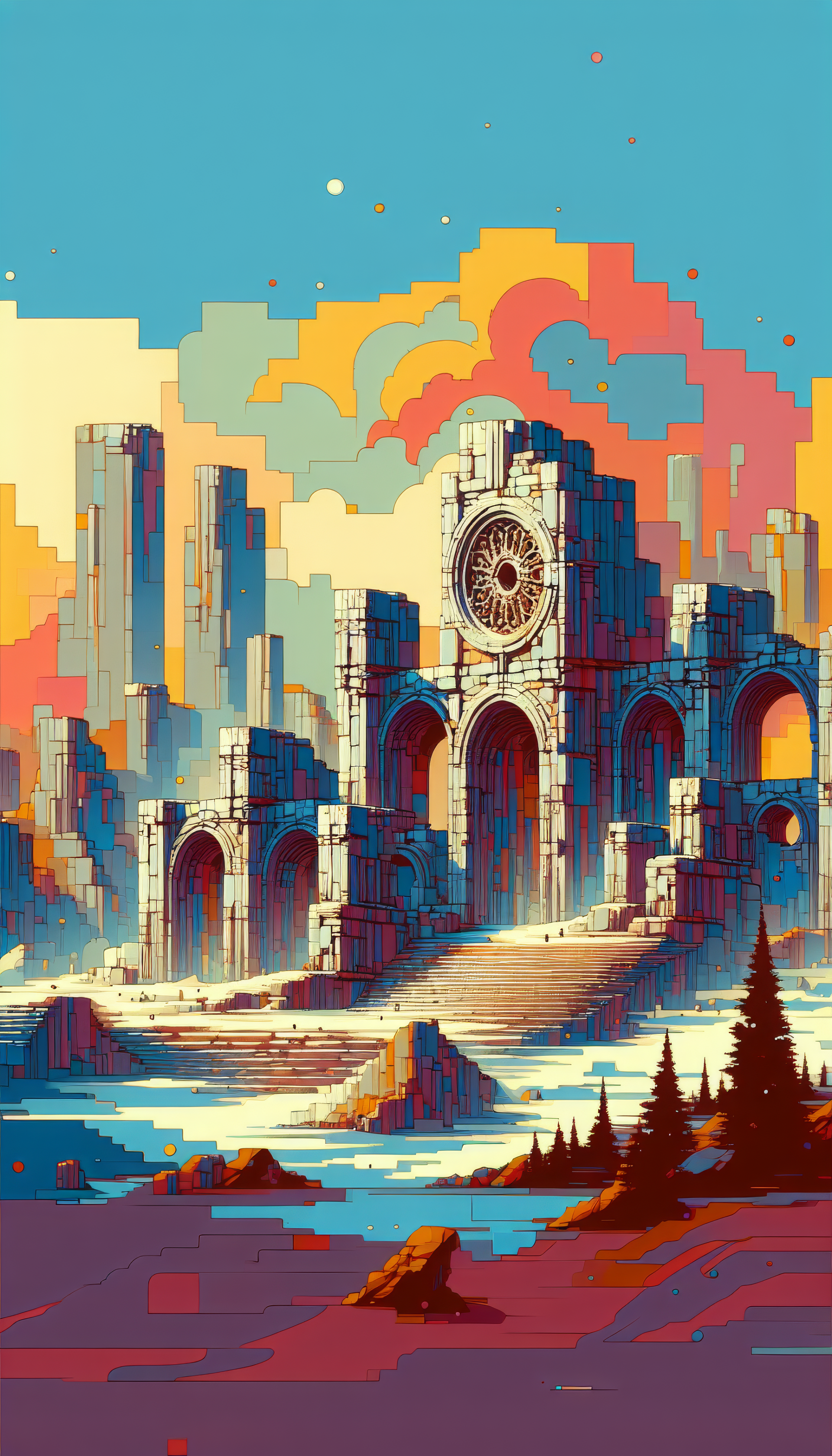 A vibrant fantasy ruin with intricate stone arches and a large clock stands against a colorful sky, creating a captivating phone wallpaper scene.