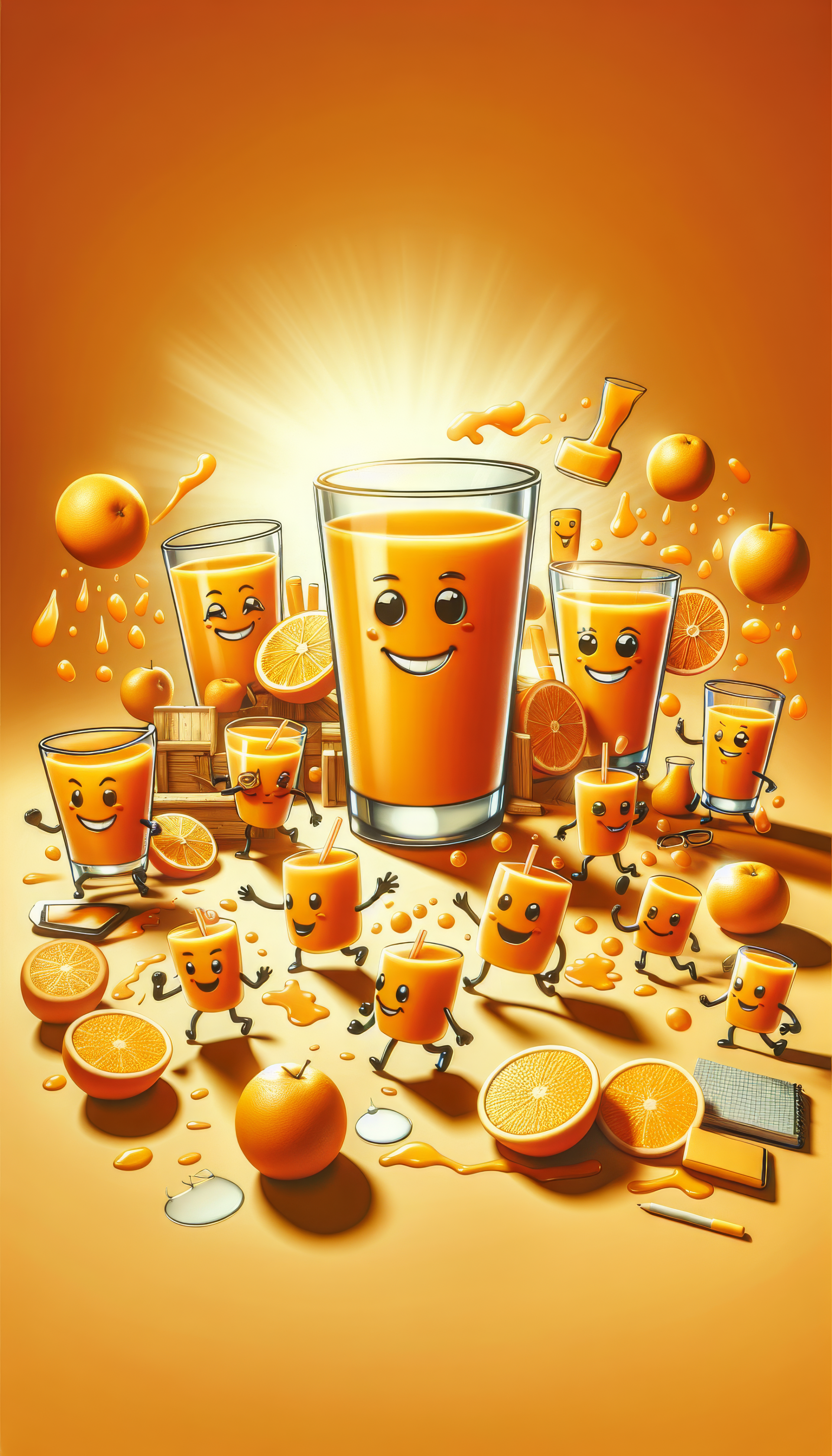 Cheerful orange juice-themed wallpaper with animated juice characters and sliced oranges on a bright orange background.