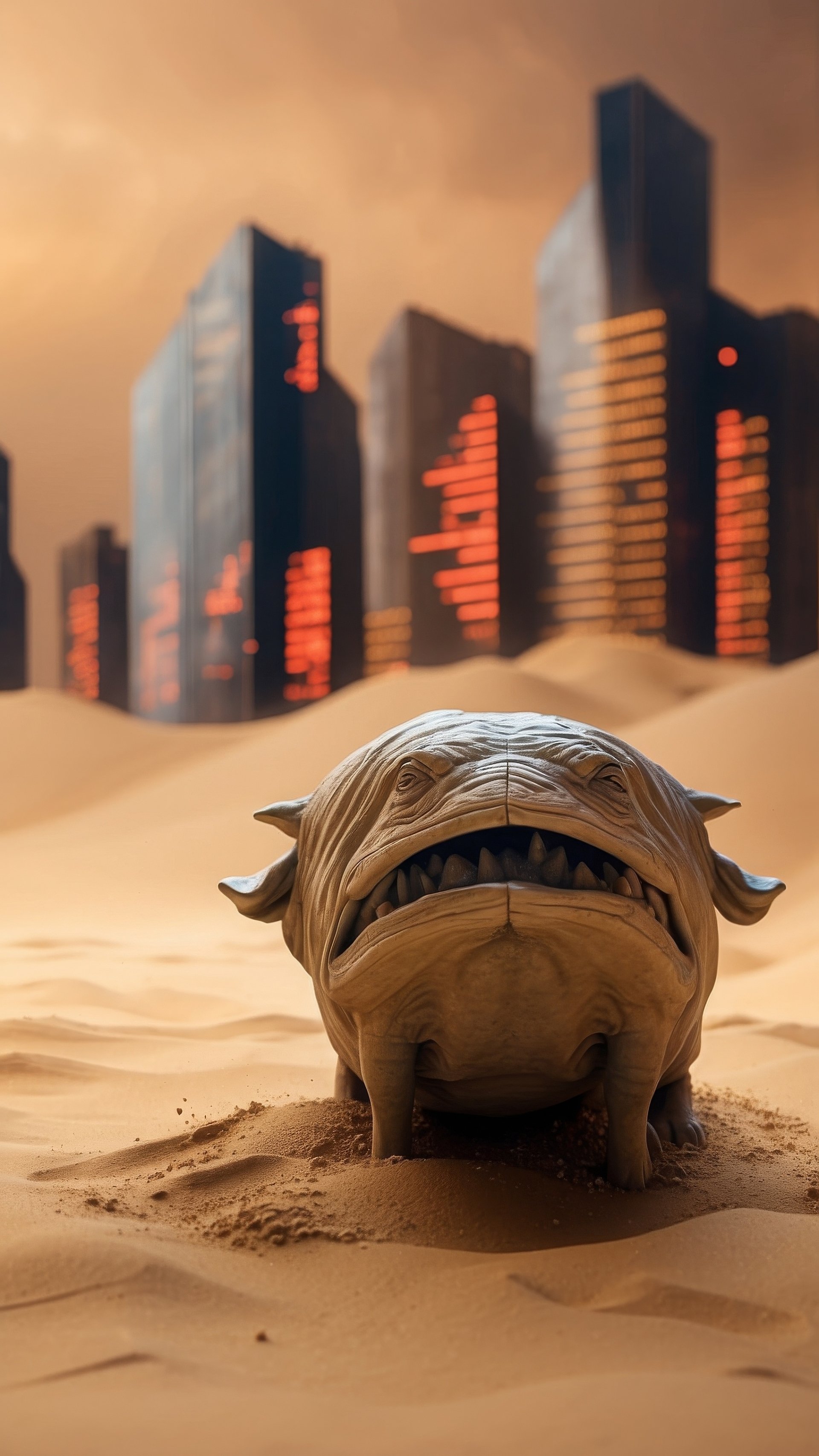 Sci-fi city skyline with sand dunes and armored creature for mobile wallpaper.