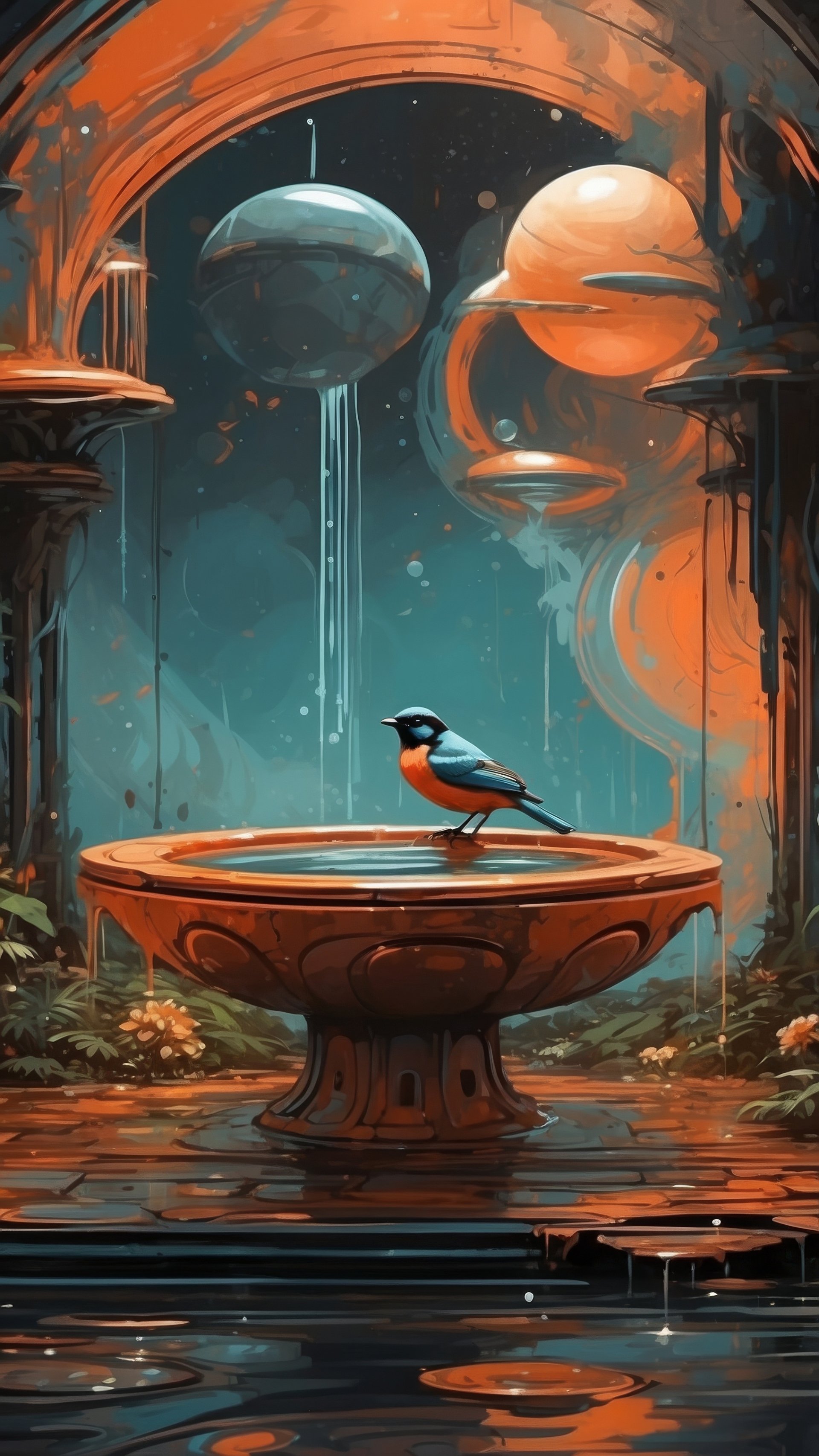 Fantasy bird bath wallpaper featuring a vibrant bird perched on a water basin with surreal planets and architecture in the background.