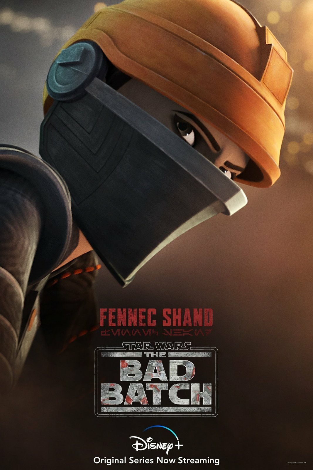 Star Wars: The Bad Batch Fennec Shand character phone wallpaper with logo, now streaming on Disney+.