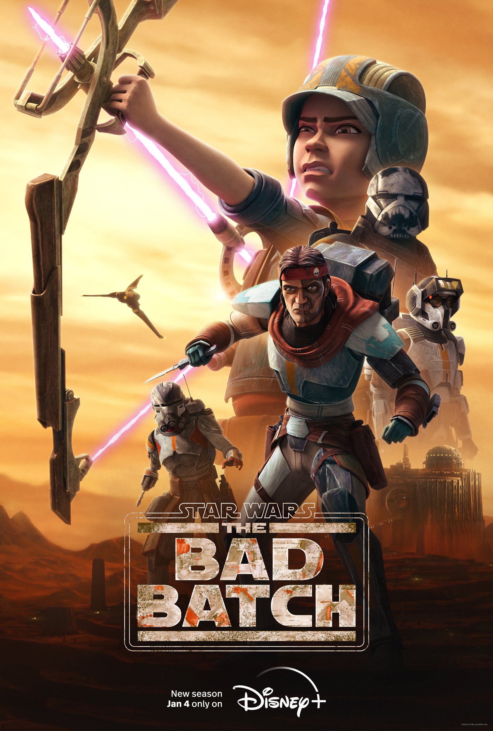 A dynamic phone wallpaper featuring characters from Star Wars: The Bad Batch, showcasing action-packed scenes set against a vibrant, desert backdrop.