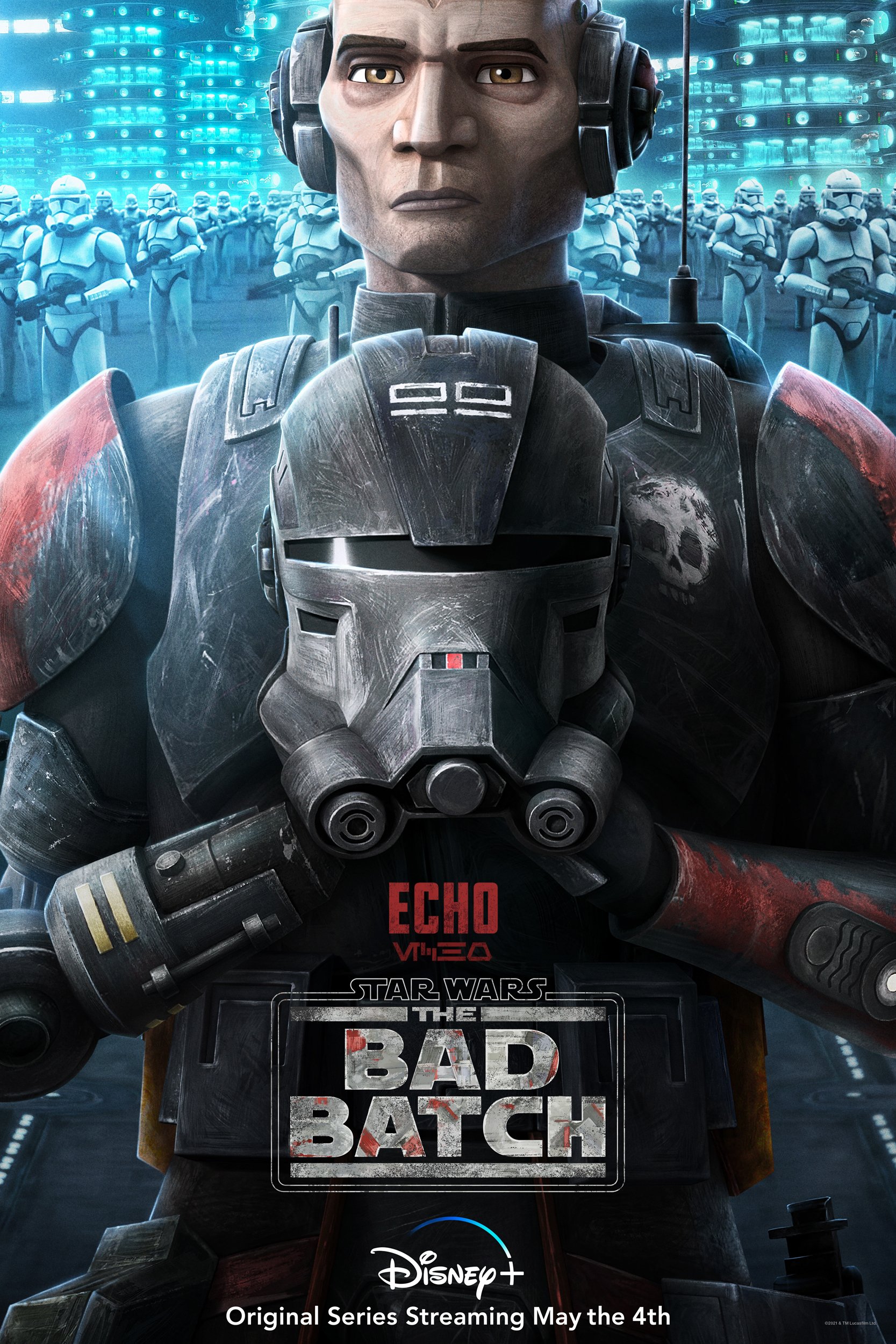 Star Wars: The Bad Batch TV show wallpaper featuring the character Echo with the series logo and Disney+ streaming info.