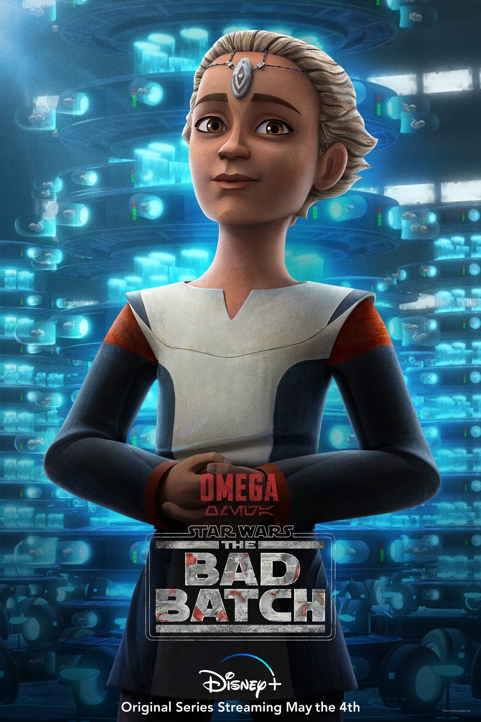 Star Wars: The Bad Batch phone wallpaper featuring the animated character Omega with a blue digital backdrop, promoting the Disney+ original series.