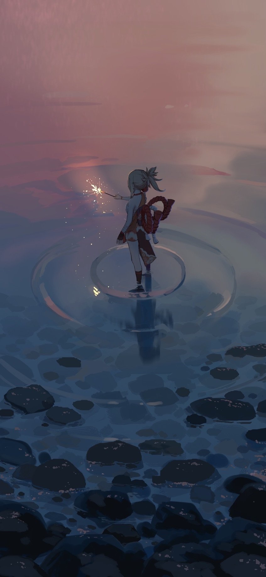Phone wallpaper featuring Yoimiya from Genshin Impact standing in shallow water at dusk, holding a glowing sparkler with ripples spreading around her.