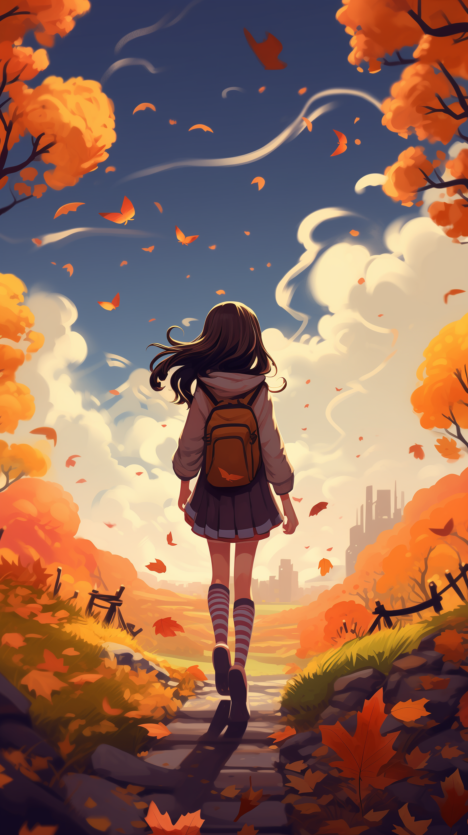 Autumn-themed phone wallpaper featuring an illustrated girl walking on a path with vibrant orange leaves falling around her.