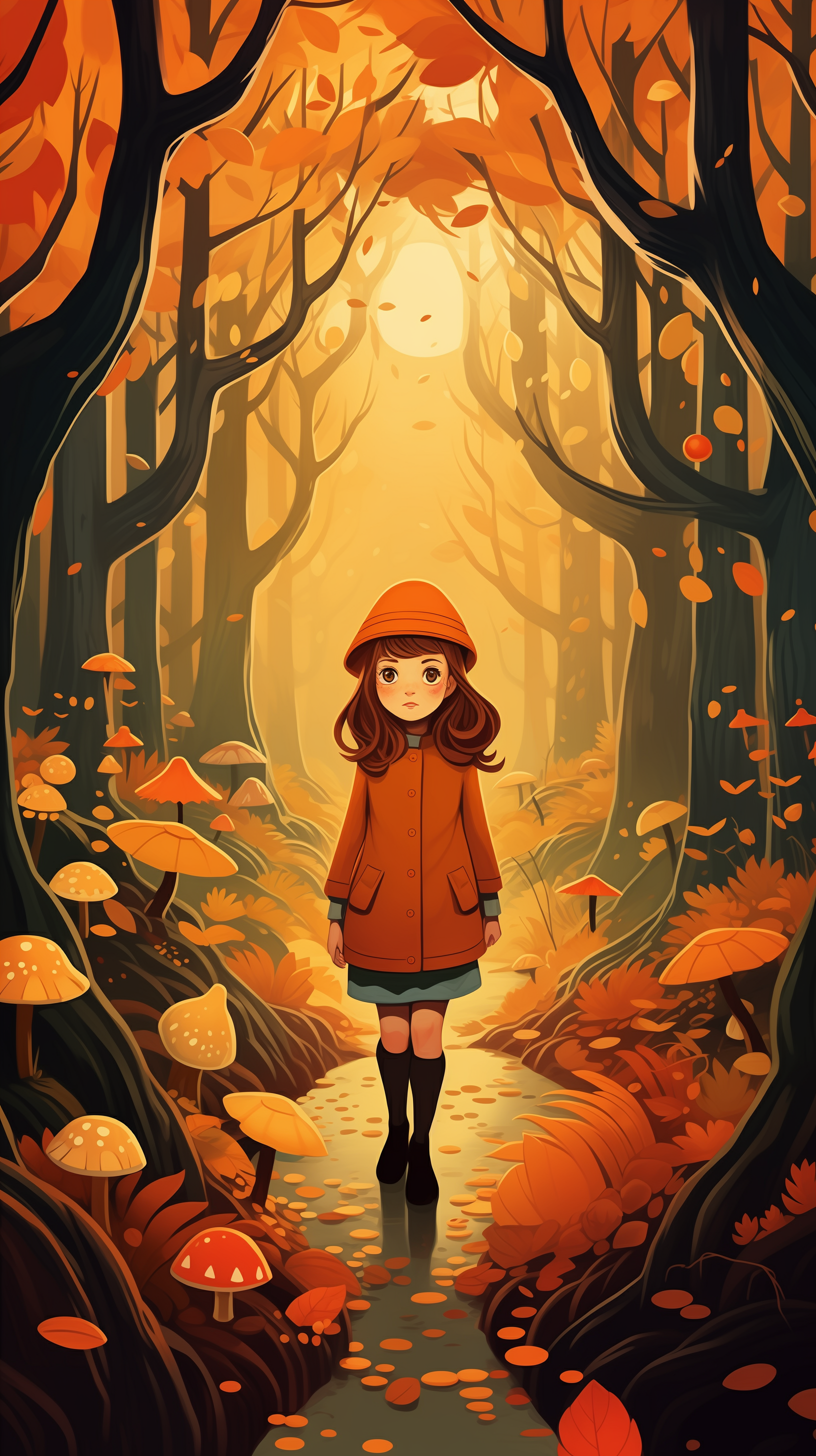 Autumn-themed phone wallpaper featuring an illustrated girl walking on a path with vibrant fall foliage and mushrooms.