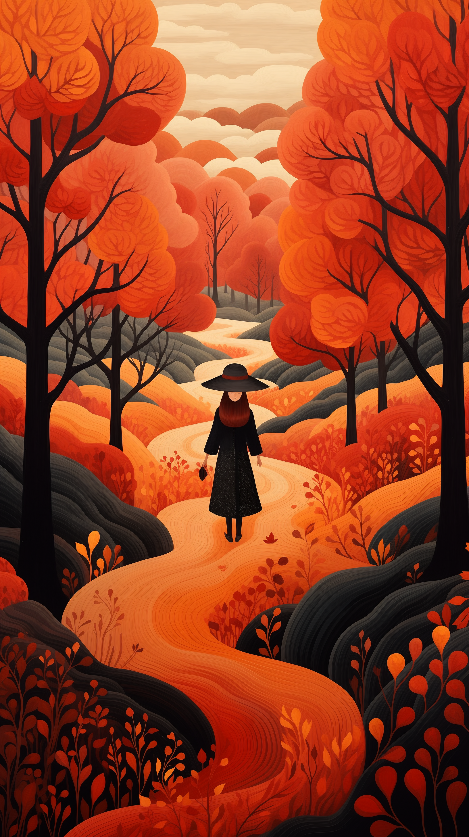 Autumn-themed phone wallpaper featuring a stylized illustration of a person walking on a winding path through a vibrant forest with orange and red trees.