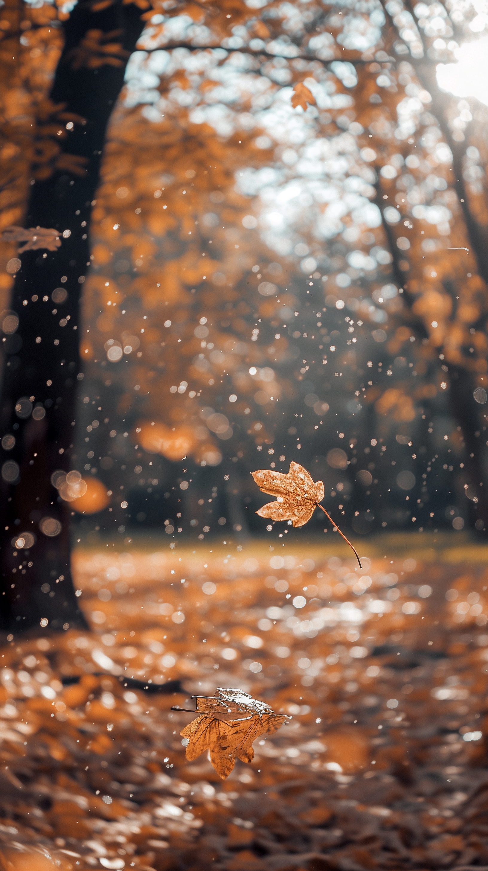 Autumnal phone wallpaper featuring a close-up of a floating leaf with a backdrop of golden fall foliage and sparkling bokeh lights.
