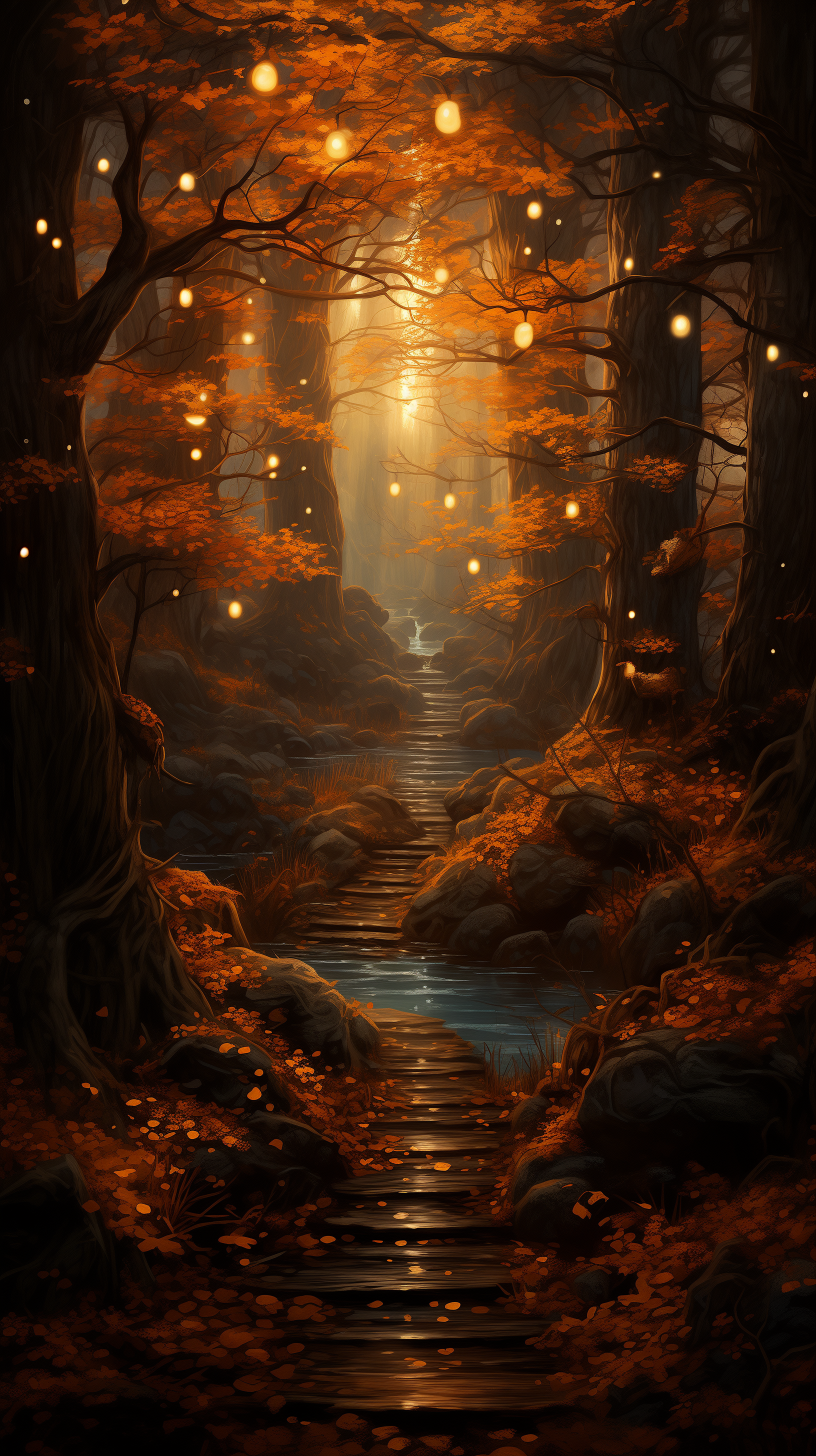 A serene autumn path winds through a misty forest, illuminated by soft lights and surrounded by vibrant foliage, creating a peaceful atmosphere for a phone wallpaper.
