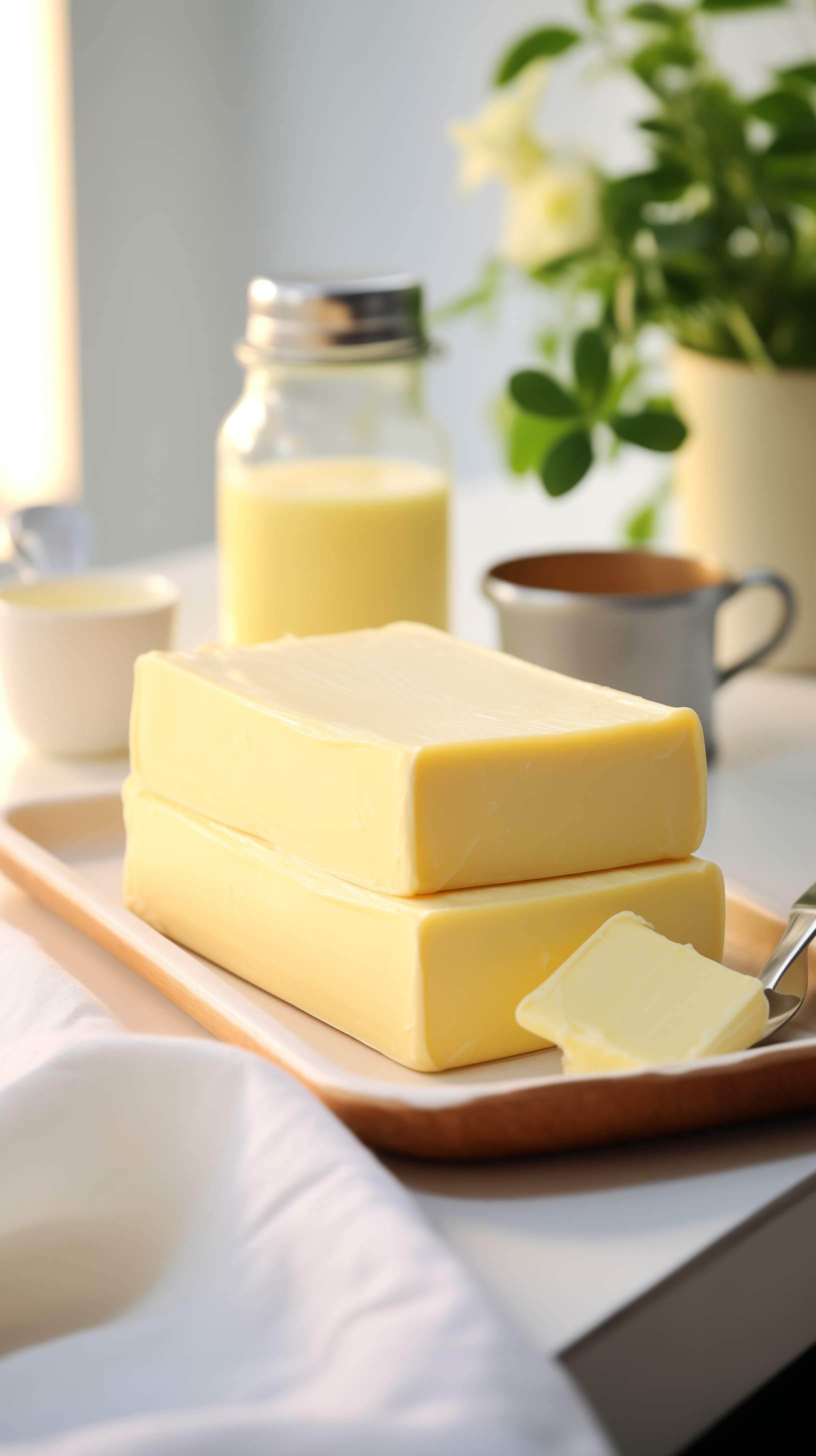 A beautifully captured phone wallpaper features two blocks of butter on a wooden plate, with a knife beside them, complemented by a glass jar, a cup, and a plant in the background.