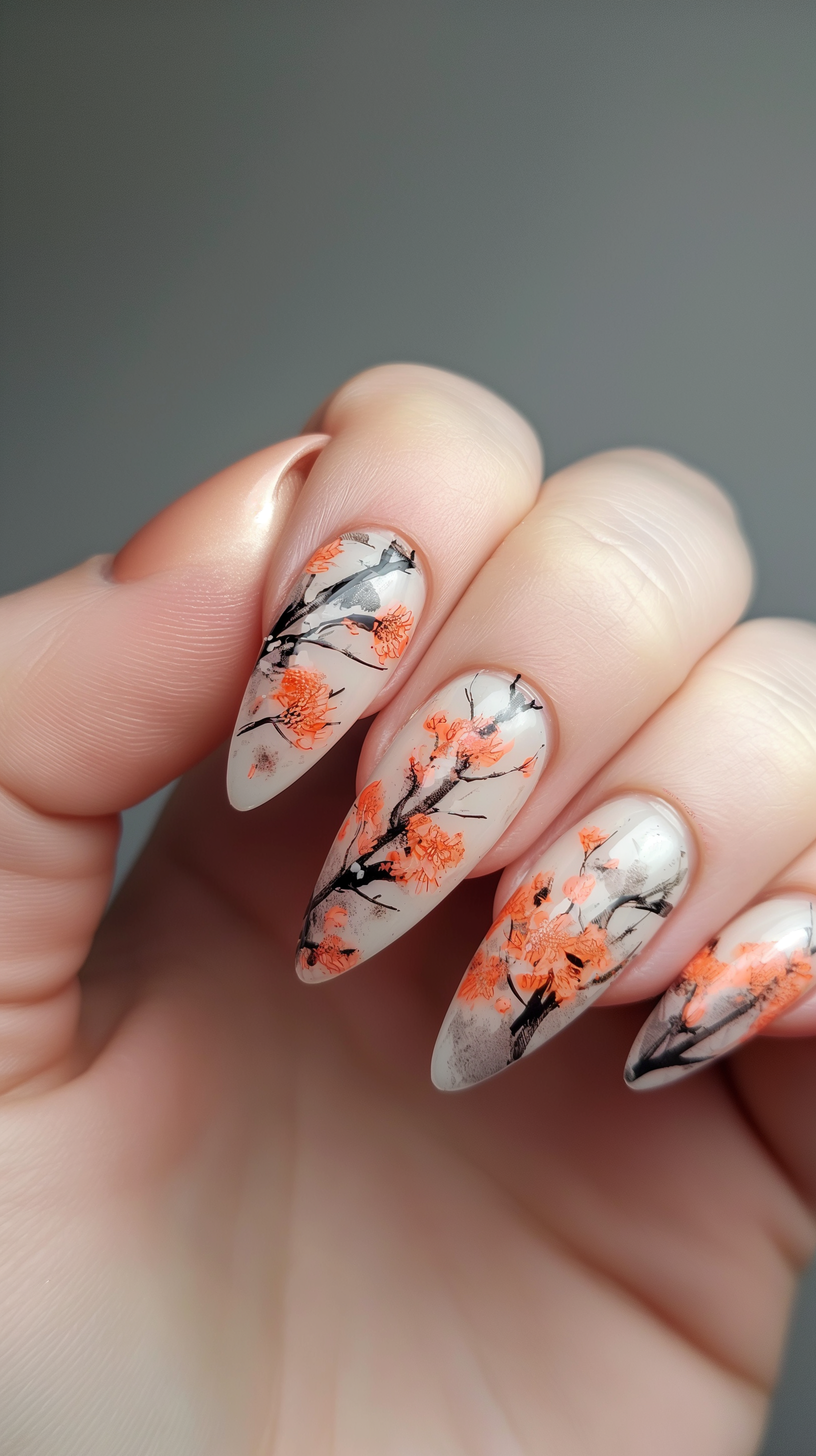 Artistic nails showcase intricate cherry blossom designs on a translucent background, creating a vibrant phone wallpaper that highlights creative nail art.