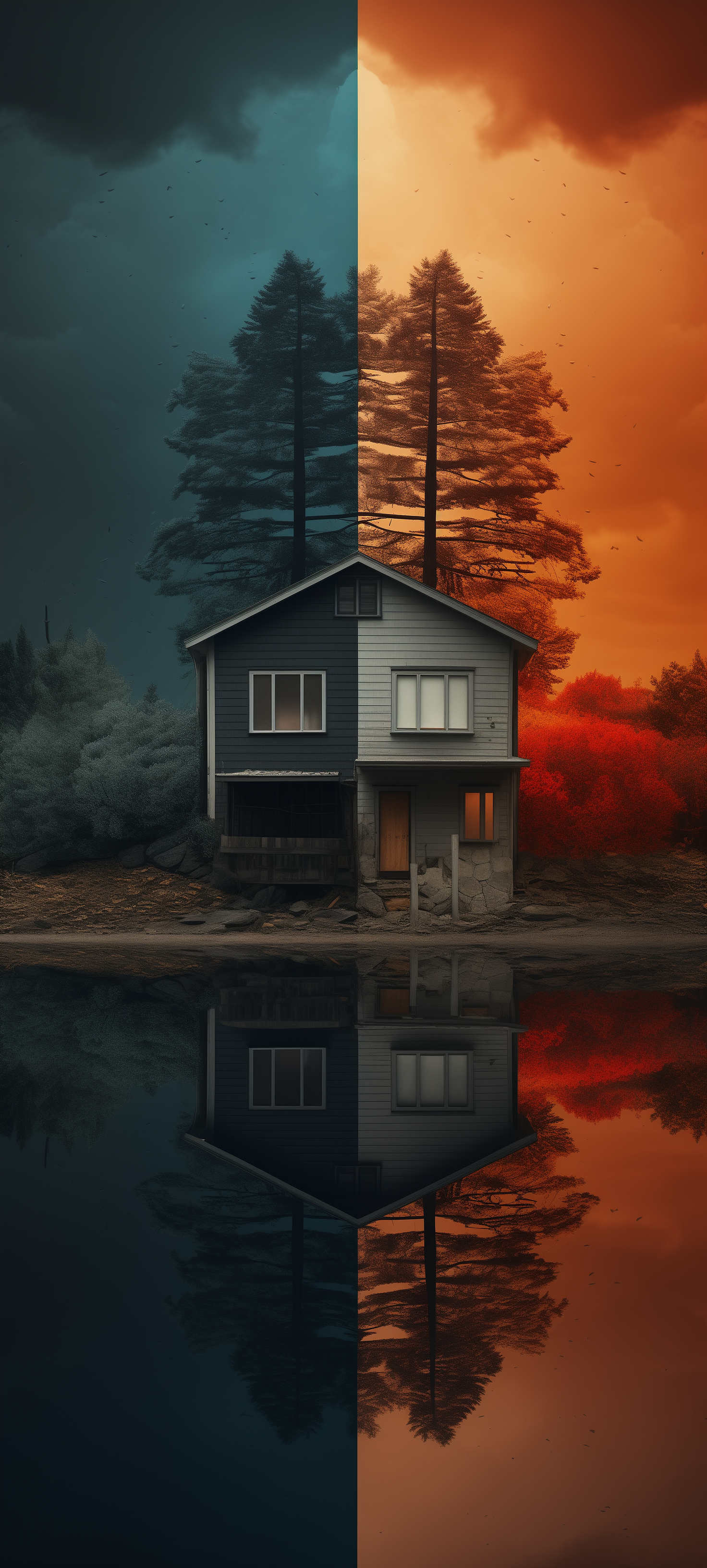 Phone wallpaper of a serene house with pine trees reflecting in water, split between day and dusk themes.