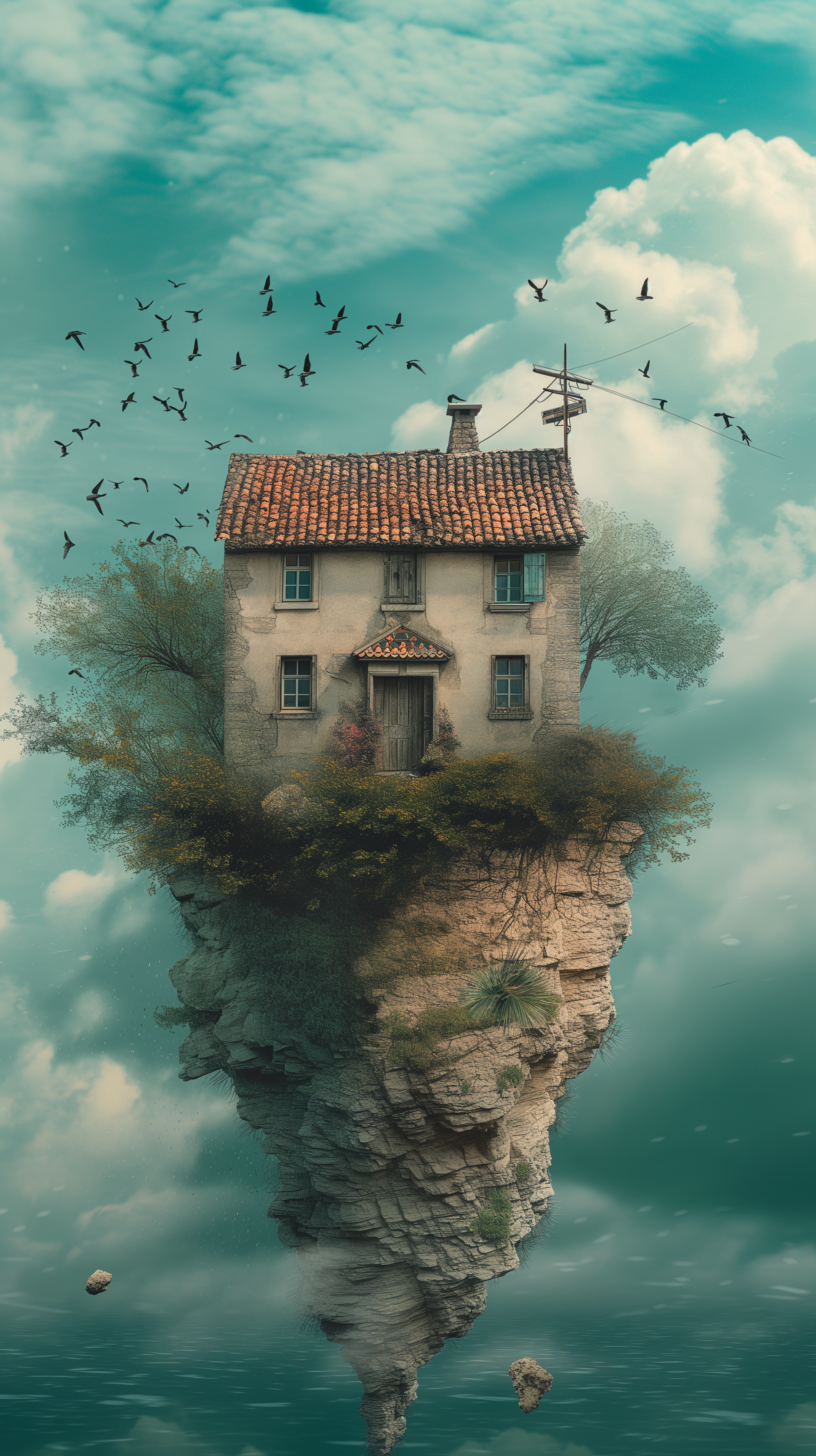 A whimsical phone wallpaper featuring a charming house on a floating rock, surrounded by birds and a surreal sky, evoking a sense of dreamlike tranquility and home.
