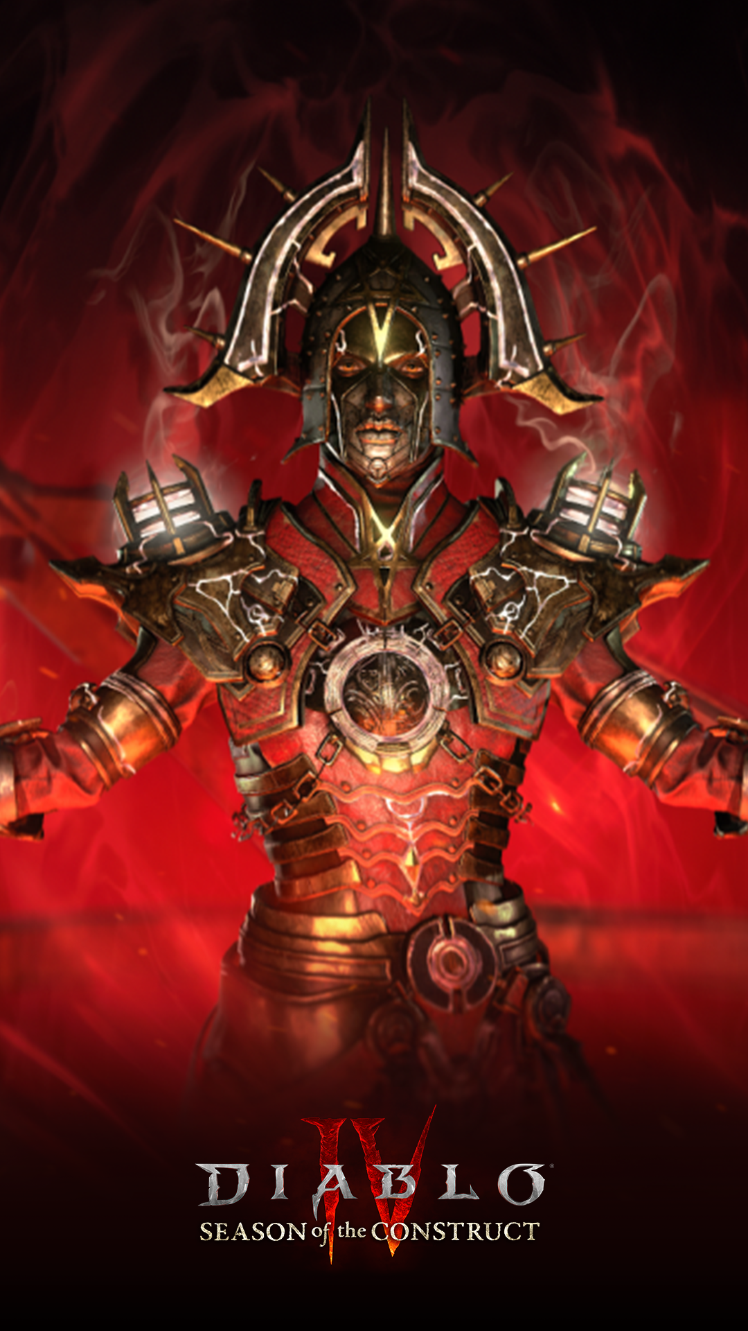 Diablo IV Season of the Construct themed mobile wallpaper featuring a formidable armored character against a fiery backdrop.