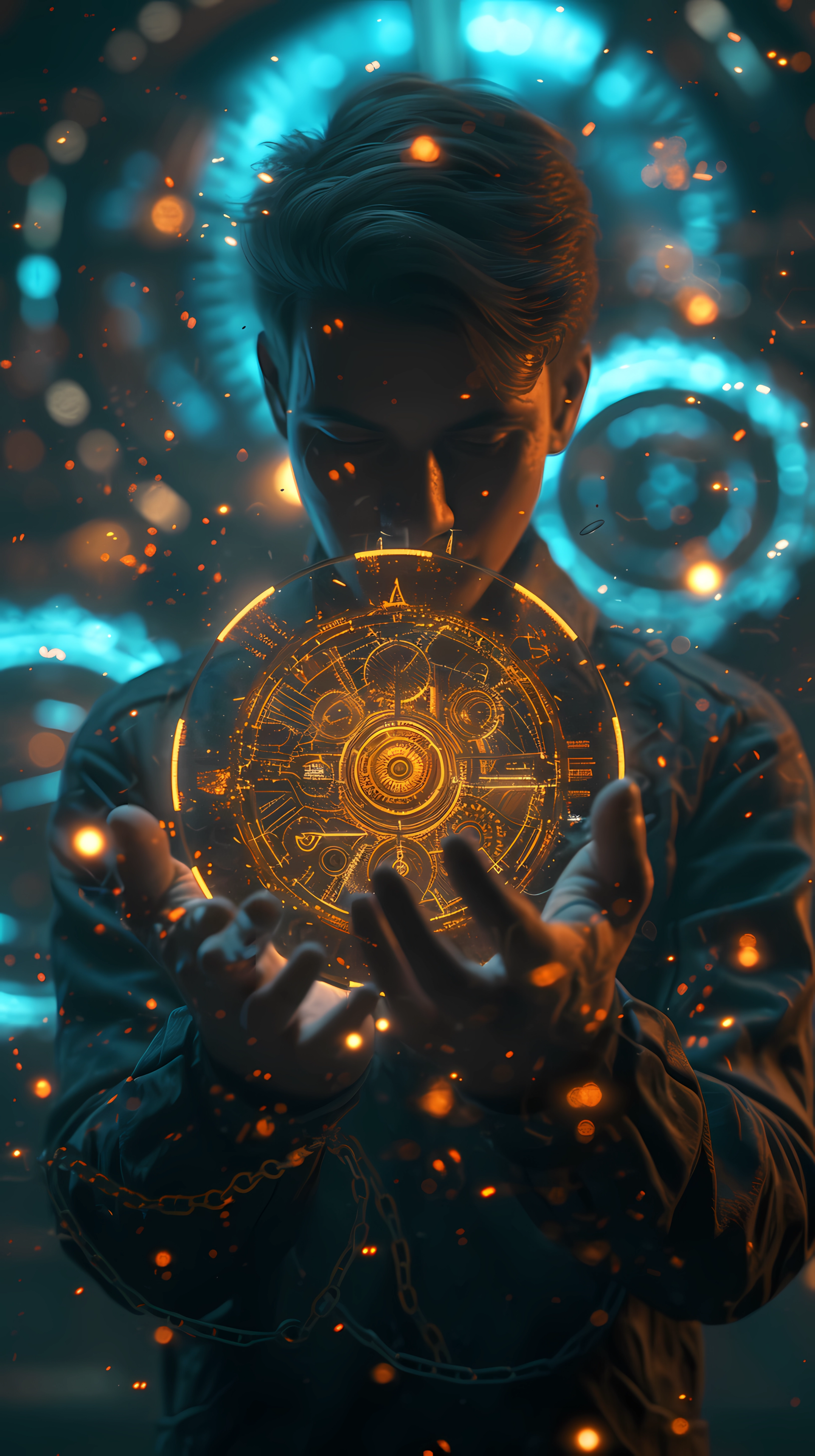 A man channels energy from a glowing golden orb, surrounded by an ethereal background, creating a captivating fantasy and sci-fi phone wallpaper.