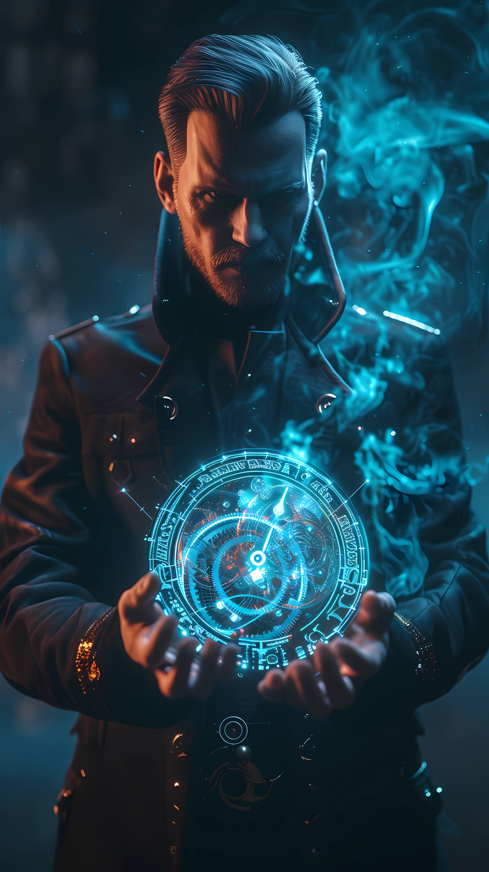 A man in a dark coat holds a glowing, mystical orb surrounded by swirling blue smoke, embodying themes of fantasy and sci-fi in this captivating phone wallpaper.