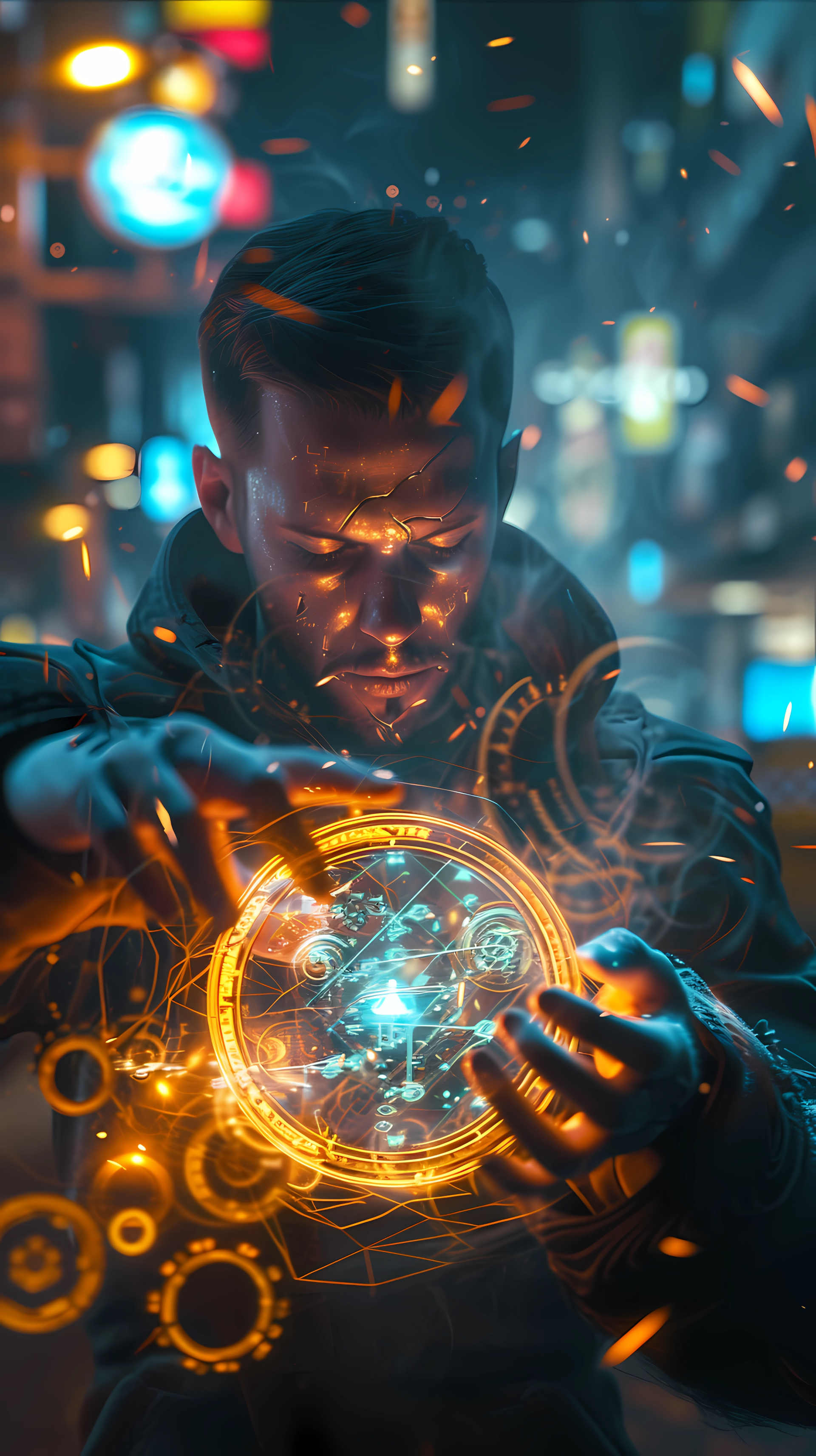 Sci-Fi Fantasy phone wallpaper featuring a man manipulating a glowing time control device with futuristic gears and symbols, set against a blurred urban nightscape.