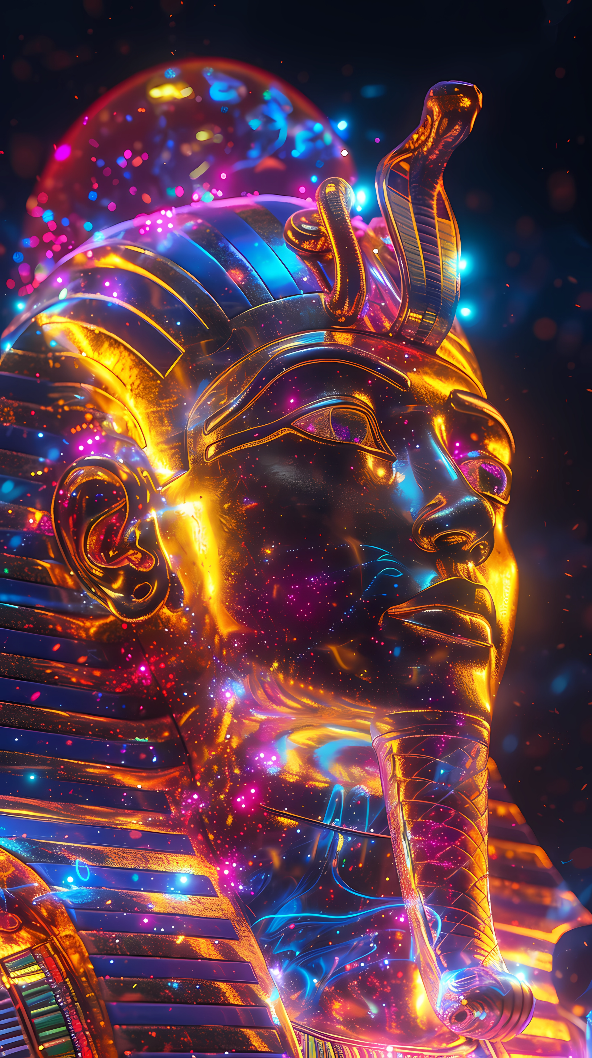 Neon glowing pharaoh bust with mystical Egypt theme for phone wallpaper.