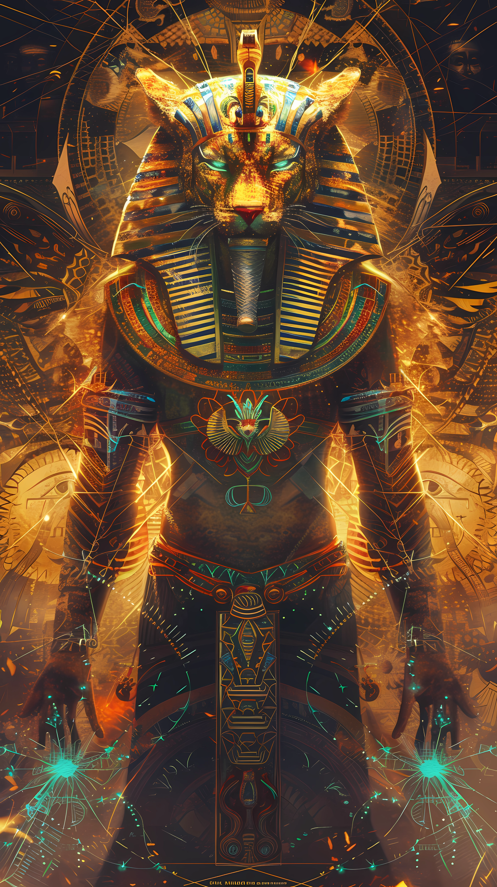 Egyptian fantasy wallpaper featuring a majestic Pharaoh with lion elements, adorned with traditional headdress and mystical symbols – an artful blend of history and imagination for phone background.