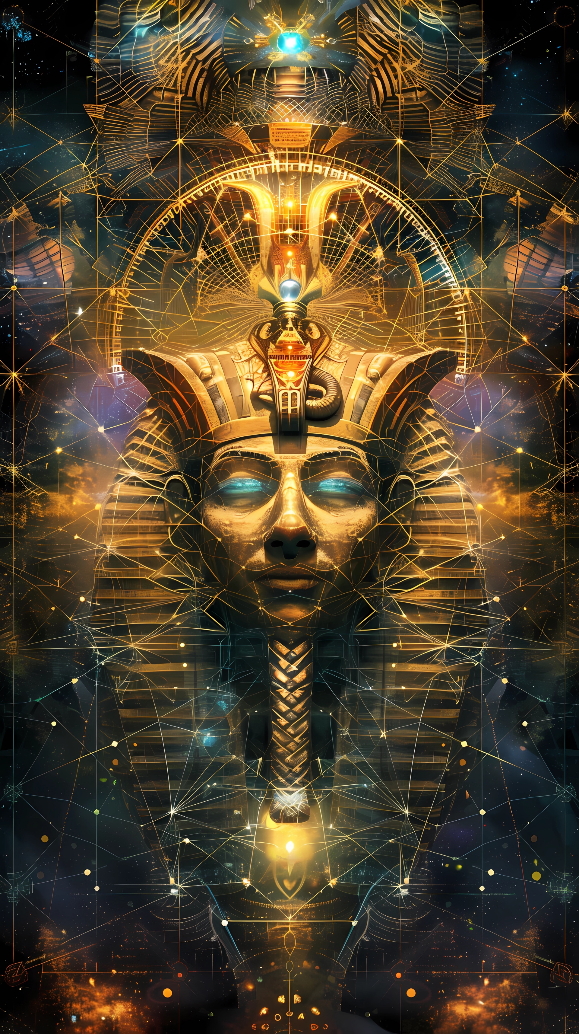 Fantasy Egyptian pharaoh with stars and geometric patterns for a sci-fi wallpaper.