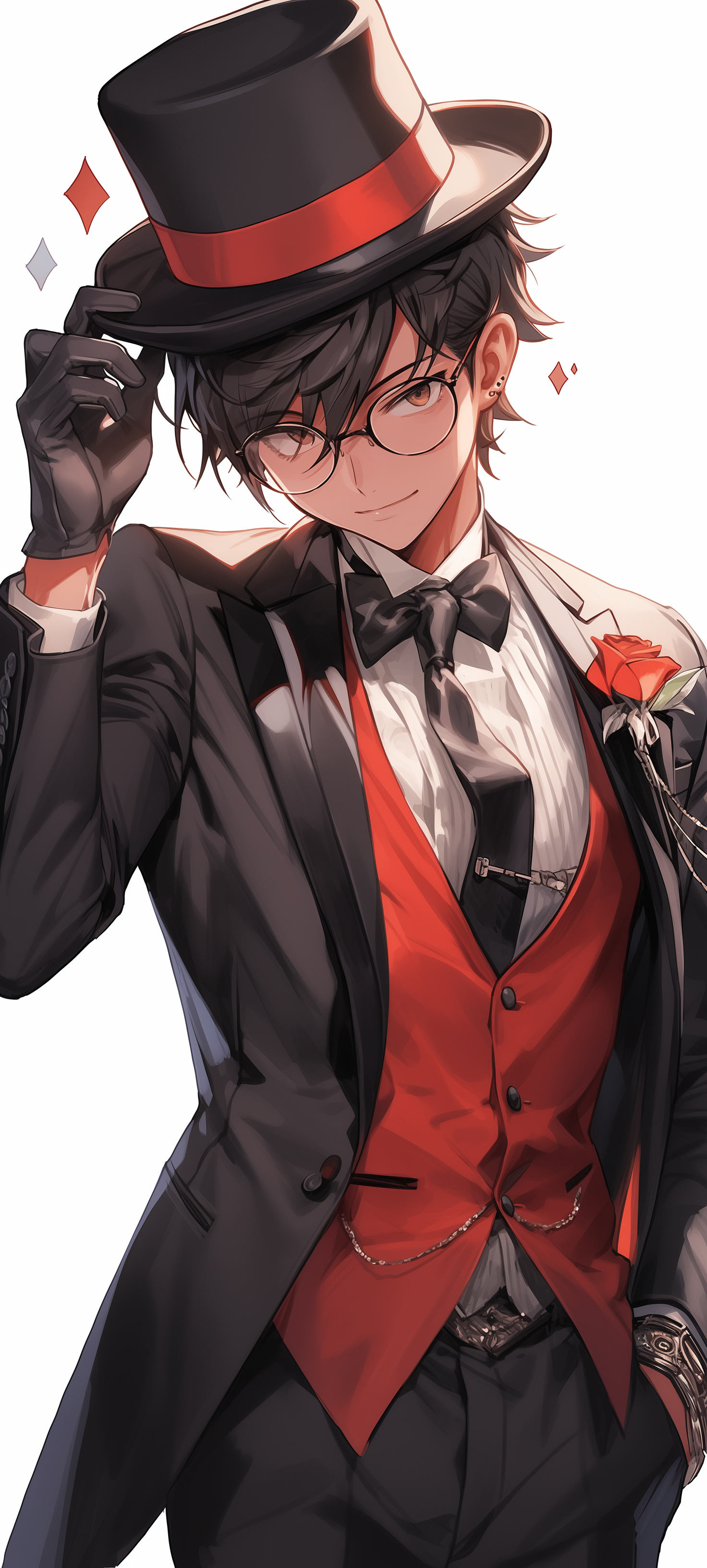 A stylish animated character dressed in a tuxedo and top hat, tipping his hat, serving as an elegant phone wallpaper.